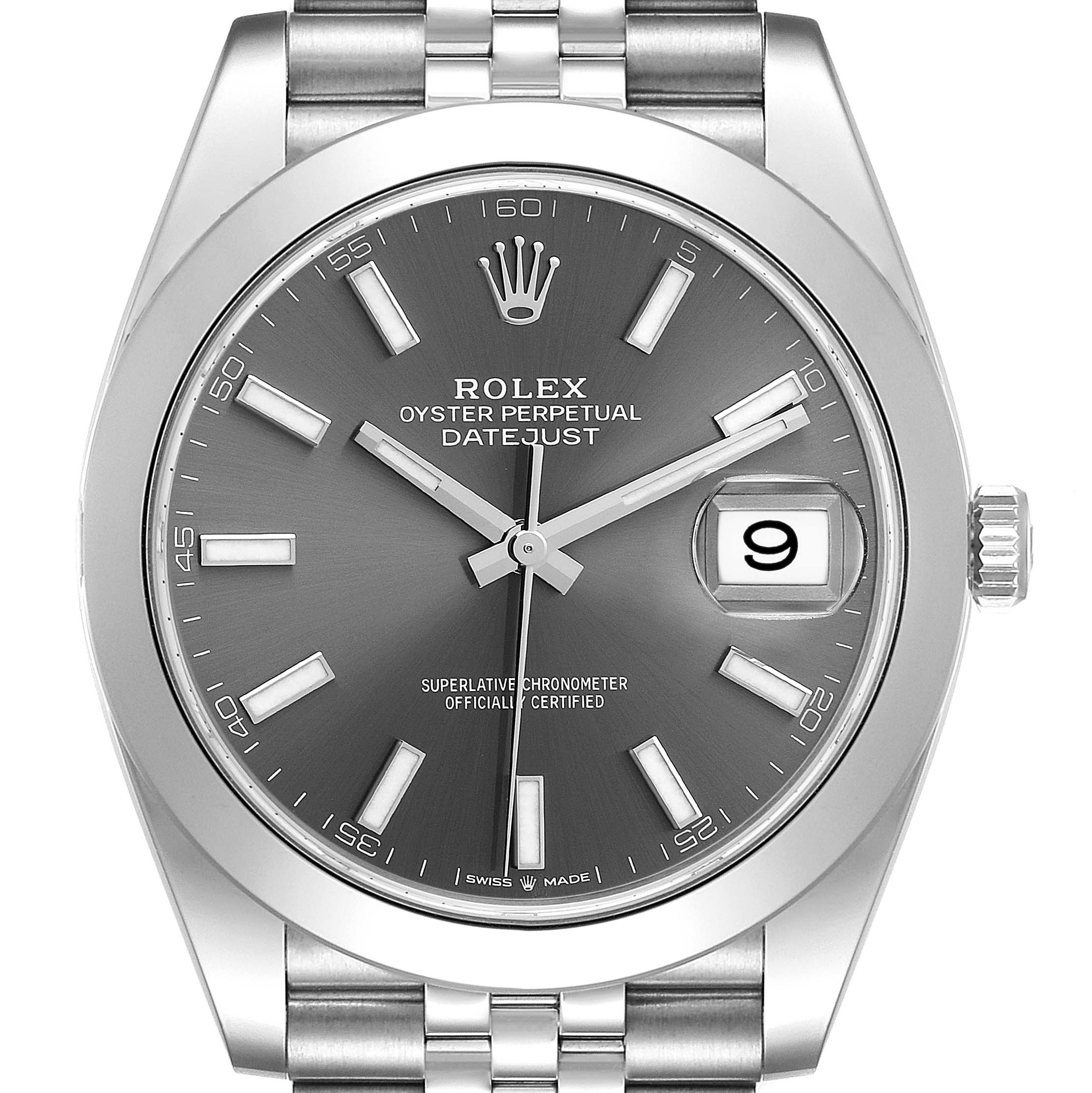 This image shows a front view of the Rolex Datejust 41 126300 Men's Stainless Steel Grey Dial 126300 Men's Stainless Steel Grey Dial model, highlighting the dial, bezel, and part of the bracelet.