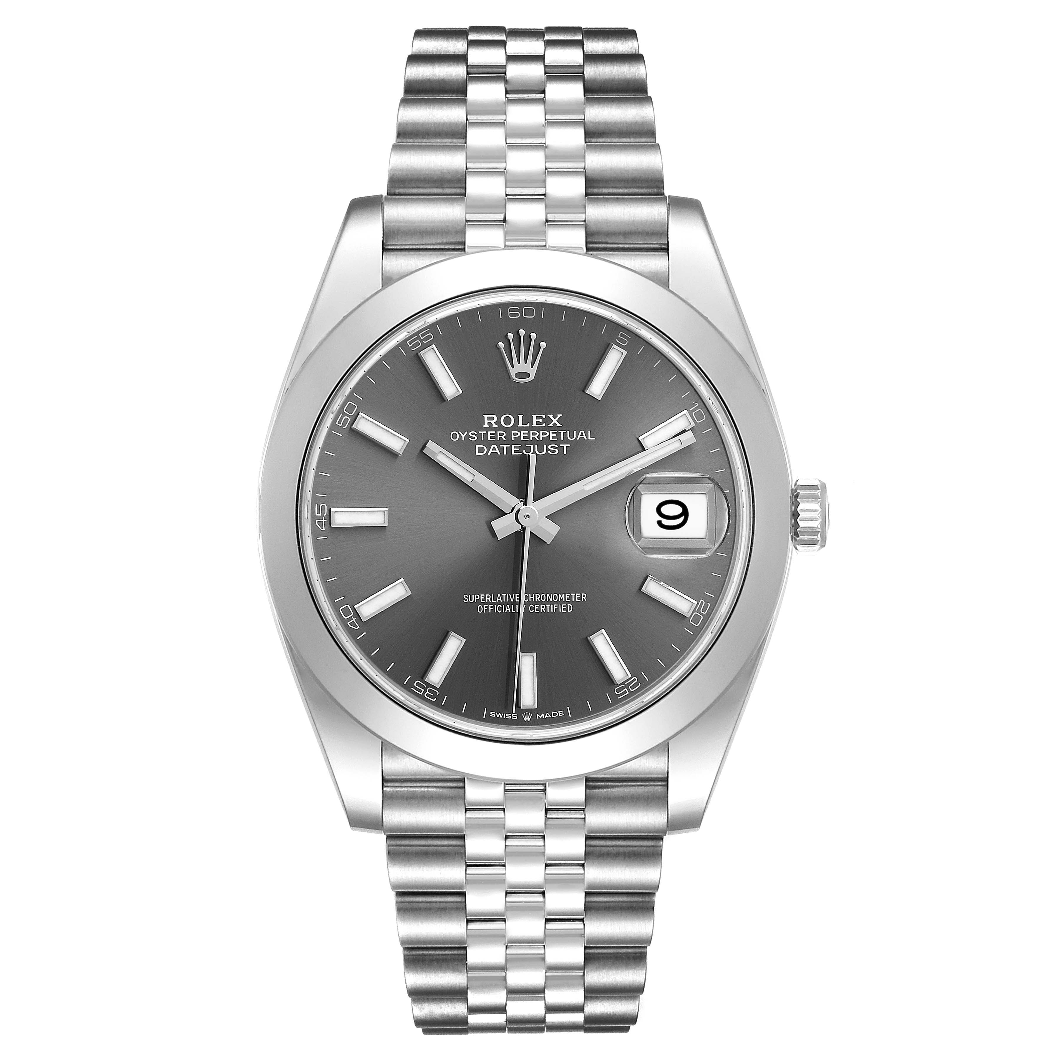 The Rolex Datejust 41 126300 Men's Stainless Steel Grey Dial 126300 Men's Stainless Steel Grey Dial is shown from the front, highlighting the dial, bracelet, hands, and date window.