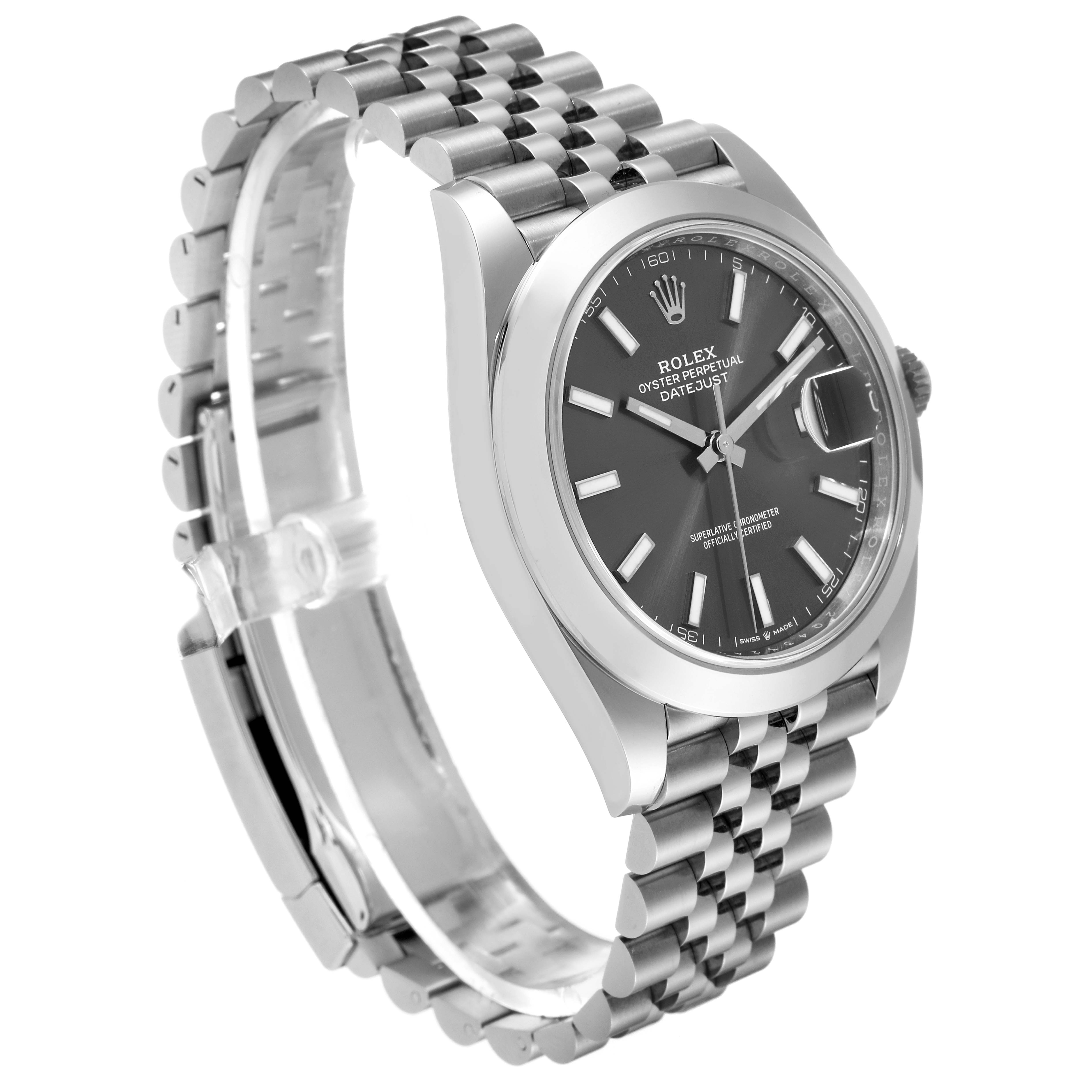 The image shows a side angle of the Rolex Datejust 41 126300 Men's Stainless Steel Grey Dial 126300 Men's Stainless Steel Grey Dial watch, highlighting its face, bezel, and bracelet.