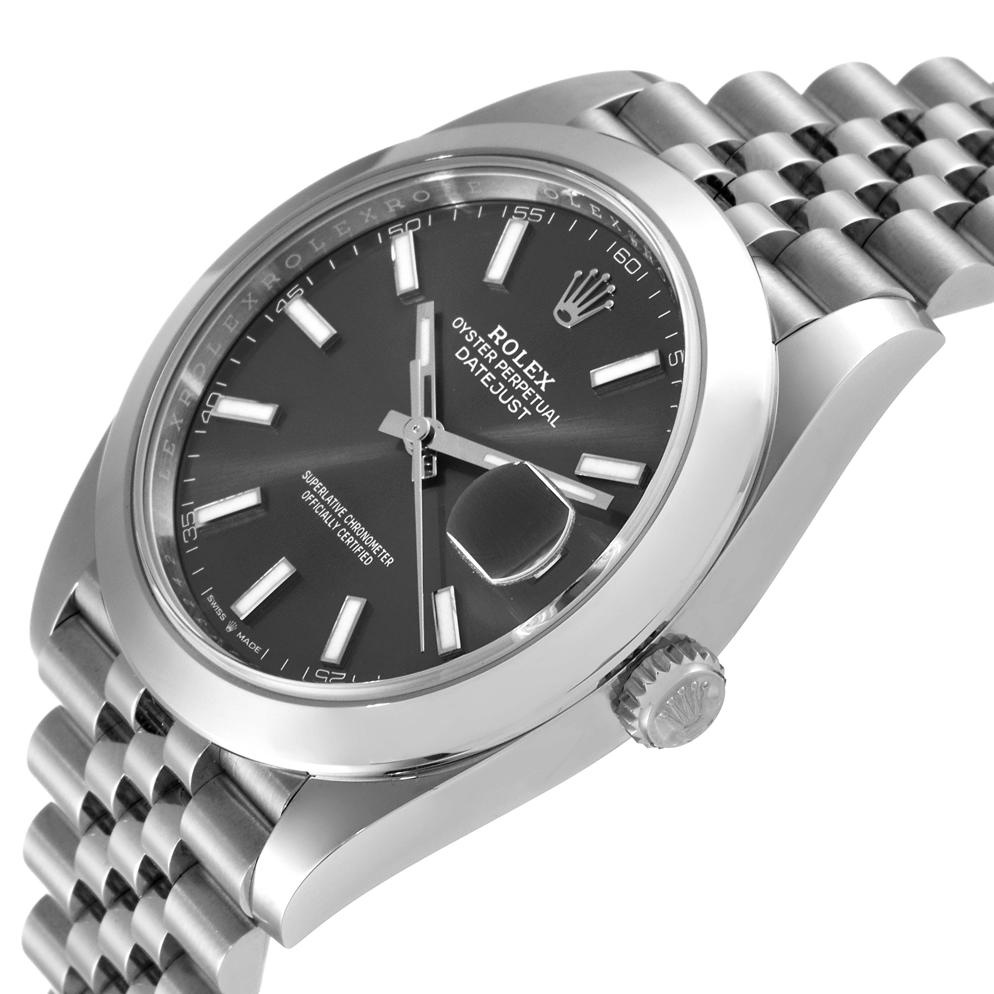 This Rolex Datejust 41 126300 Men's Stainless Steel Grey Dial 126300 Men's Stainless Steel Grey Dial watch is shown from an angled side view, displaying the dial, crown, and bracelet.