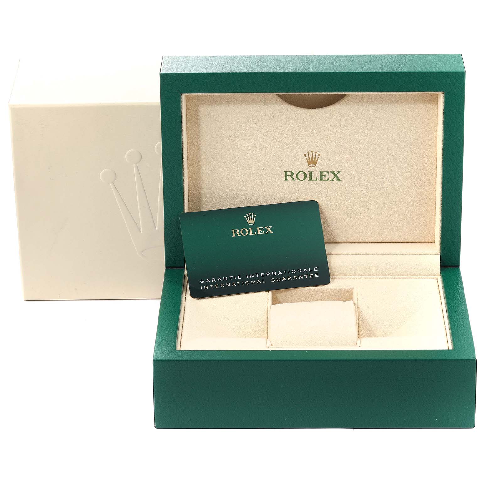 The image shows the open box and international guarantee card for the Rolex Datejust 41 126300 Men's Stainless Steel Grey Dial 126300 Men's Stainless Steel Grey Dial.