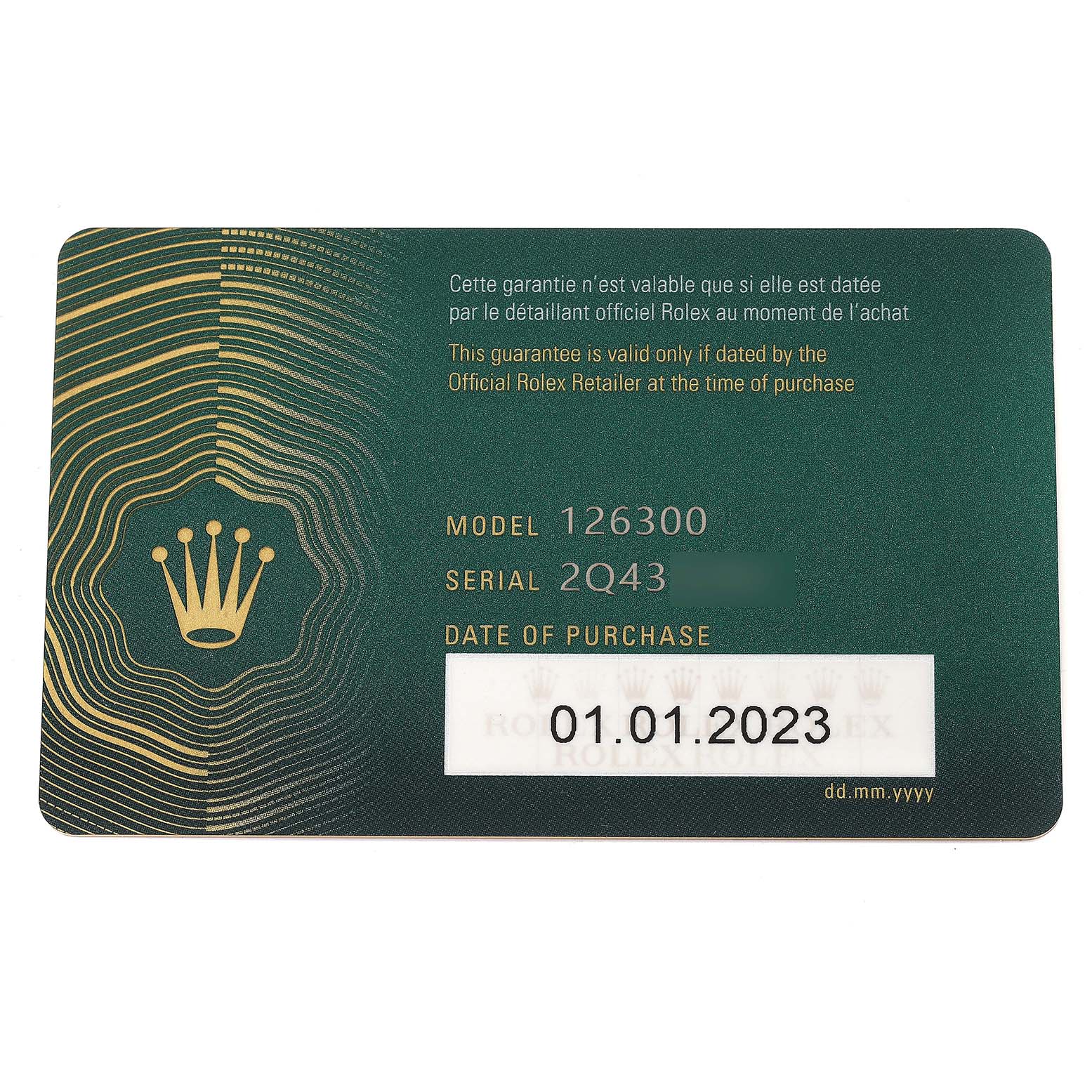 The image shows a horizontal view of the warranty card for the Rolex Datejust 41 126300 Men's Stainless Steel Grey Dial 126300 Men's Stainless Steel Grey Dial model, detailing the model number, serial number, and date of purchase.