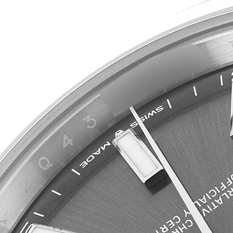 This image shows a close-up angled view of the dial and hour markers on the Rolex Datejust 41 126300 Men's Stainless Steel Grey Dial 126300 Men's Stainless Steel Grey Dial watch.