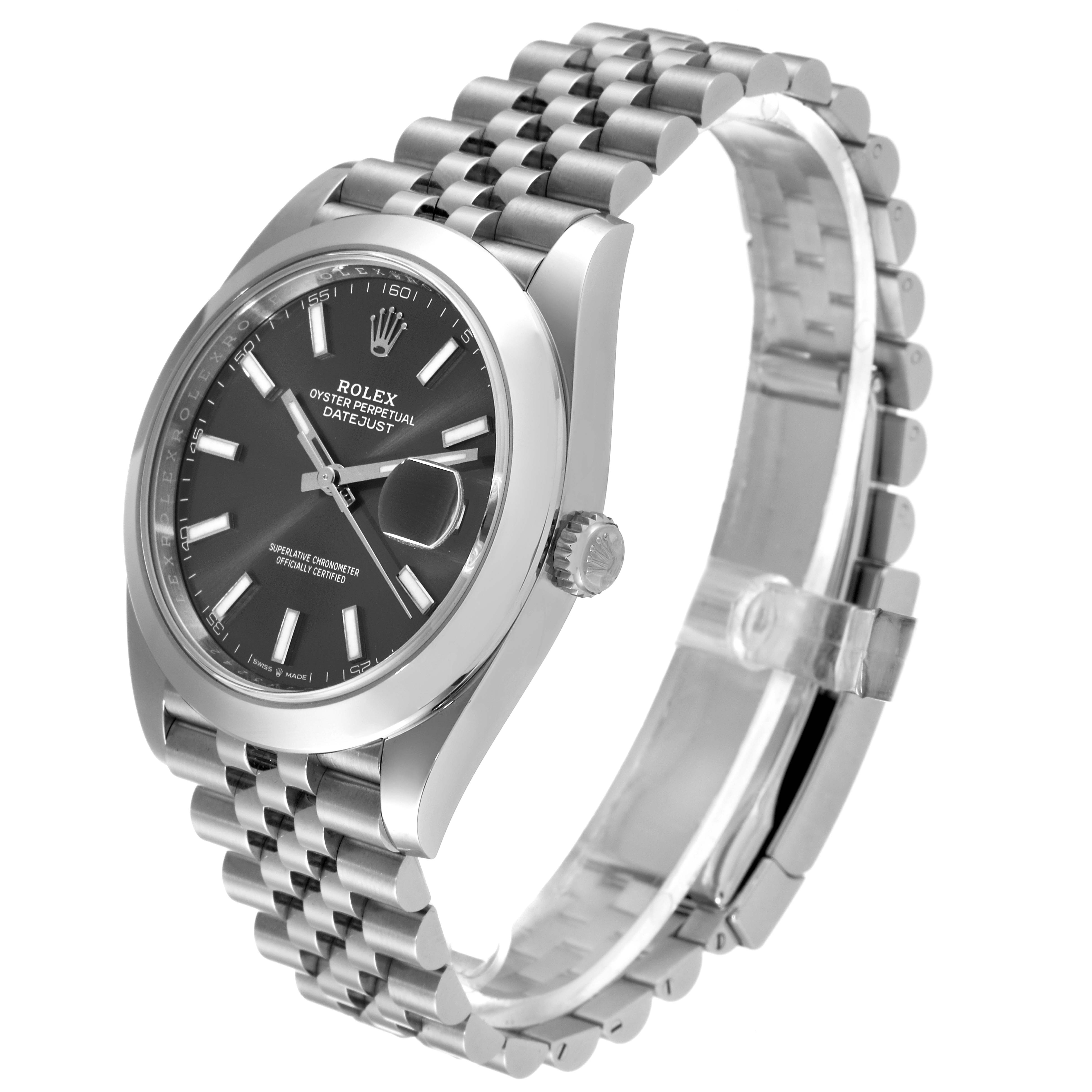 The Rolex Datejust 41 126300 Men's Stainless Steel Grey Dial 126300 Men's Stainless Steel Grey Dial watch is shown at a three-quarter angle, highlighting the black dial, silver case, and Jubilee bracelet.