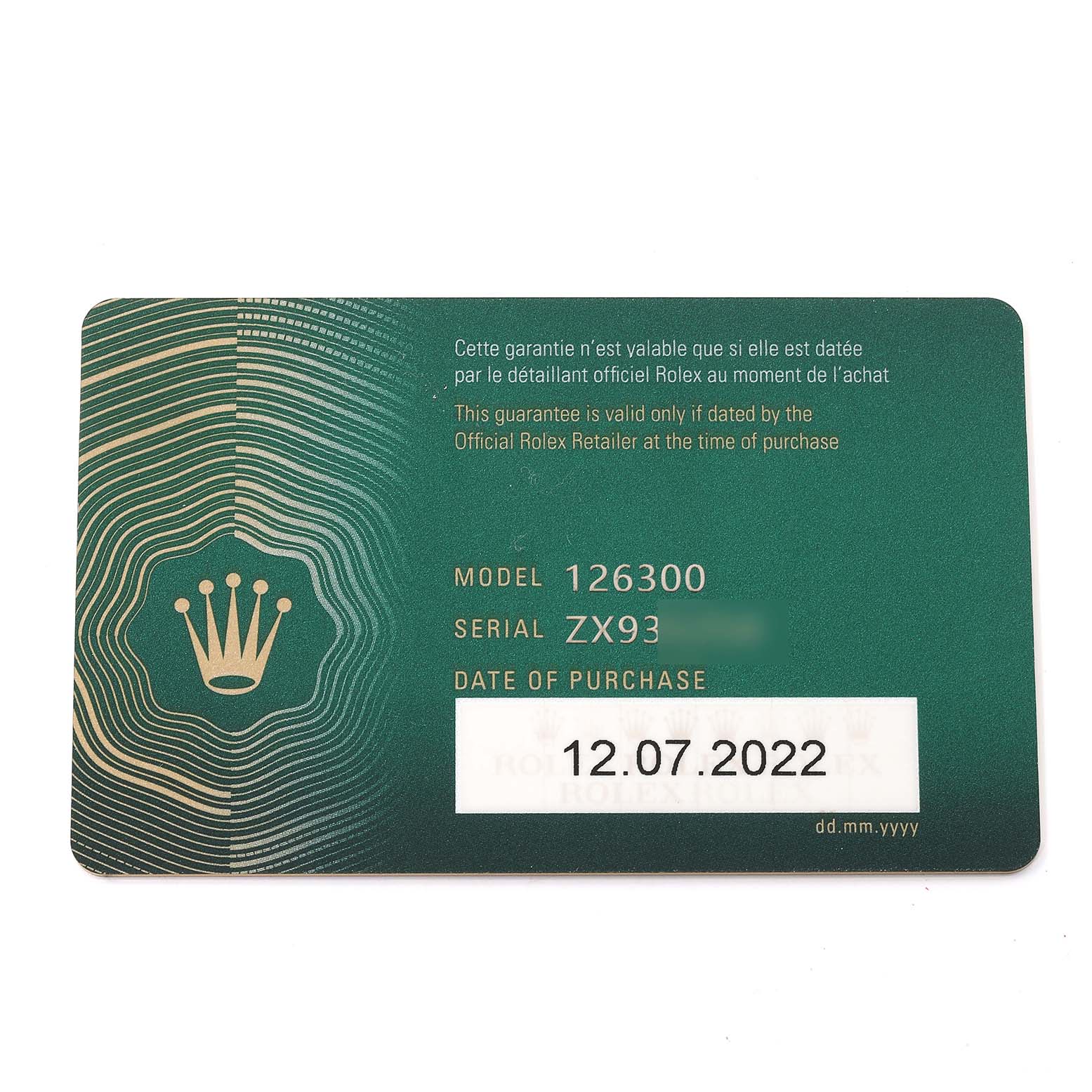 This image shows the warranty card for the Rolex Datejust 41 126300 Men's Stainless Steel Grey Dial 126300 Men's Stainless Steel Grey Dial model with the date of purchase and serial number.