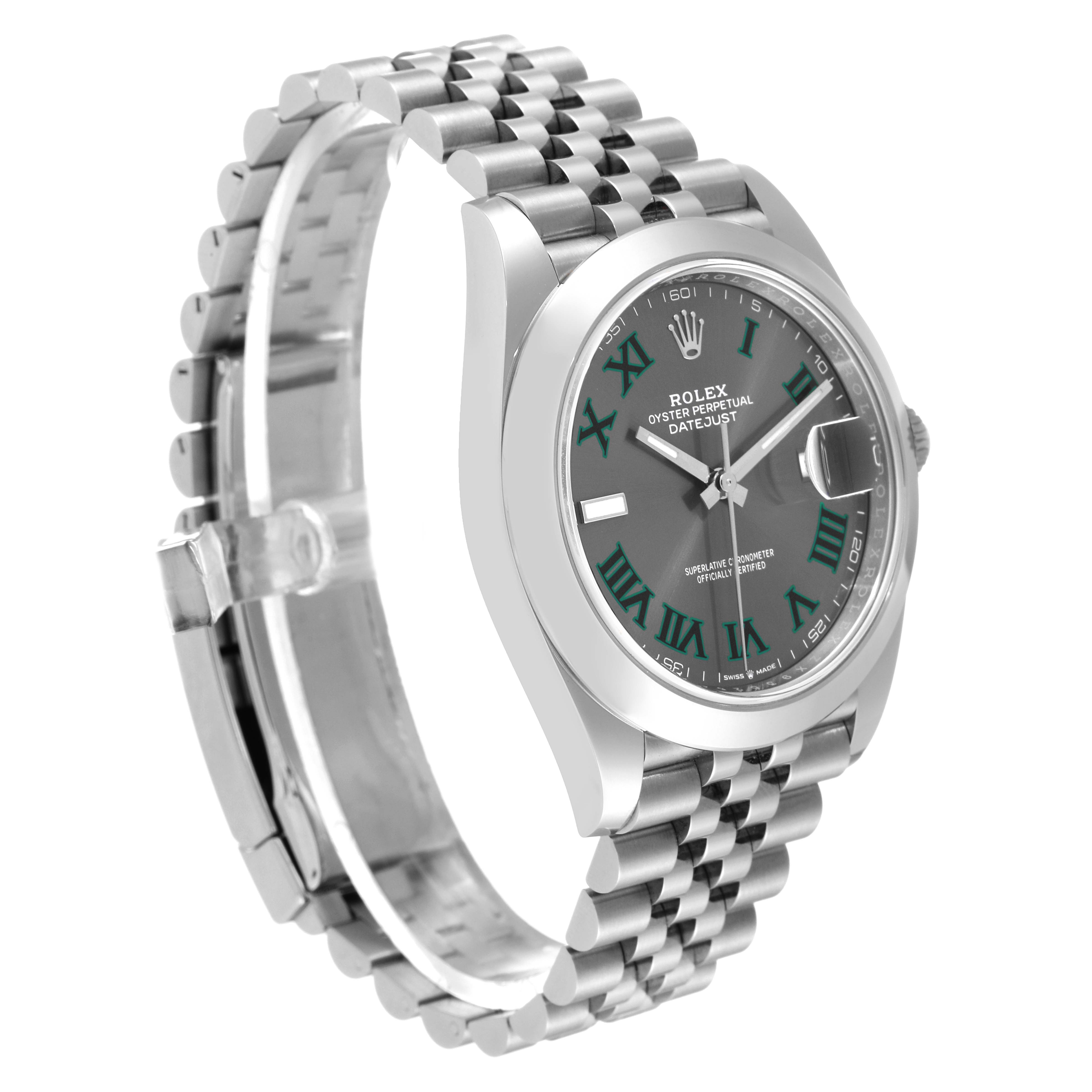 The image shows a side angle of the Rolex Datejust 41 126300 Men's Stainless Steel Grey Dial 126300 Men's Stainless Steel Grey Dial, highlighting its face, bezel, and bracelet.