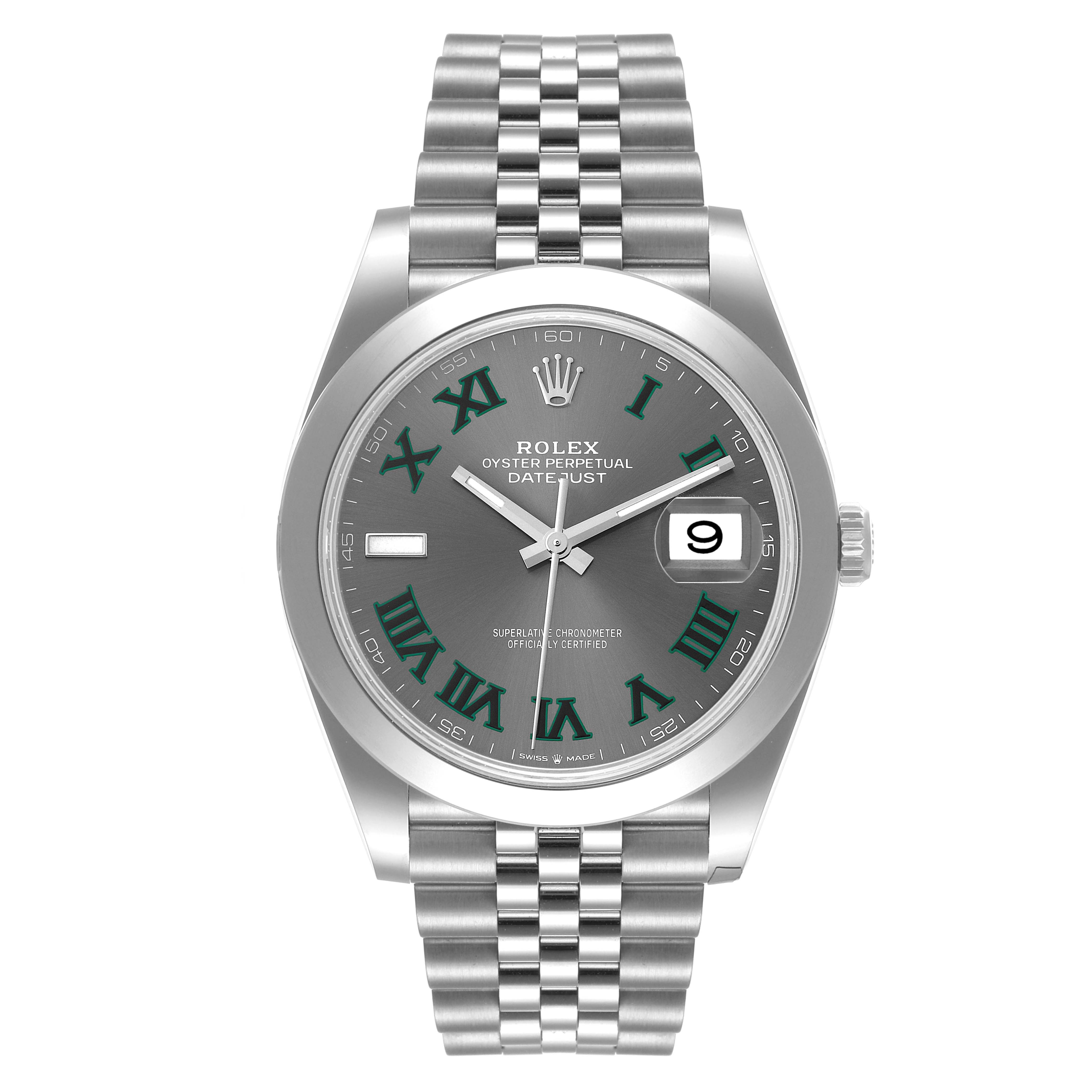The image shows a front view of a Rolex Datejust 41 126300 Men's Stainless Steel Grey Dial 126300 Men's Stainless Steel Grey Dial watch, highlighting its face, bezel, and Jubilee bracelet.