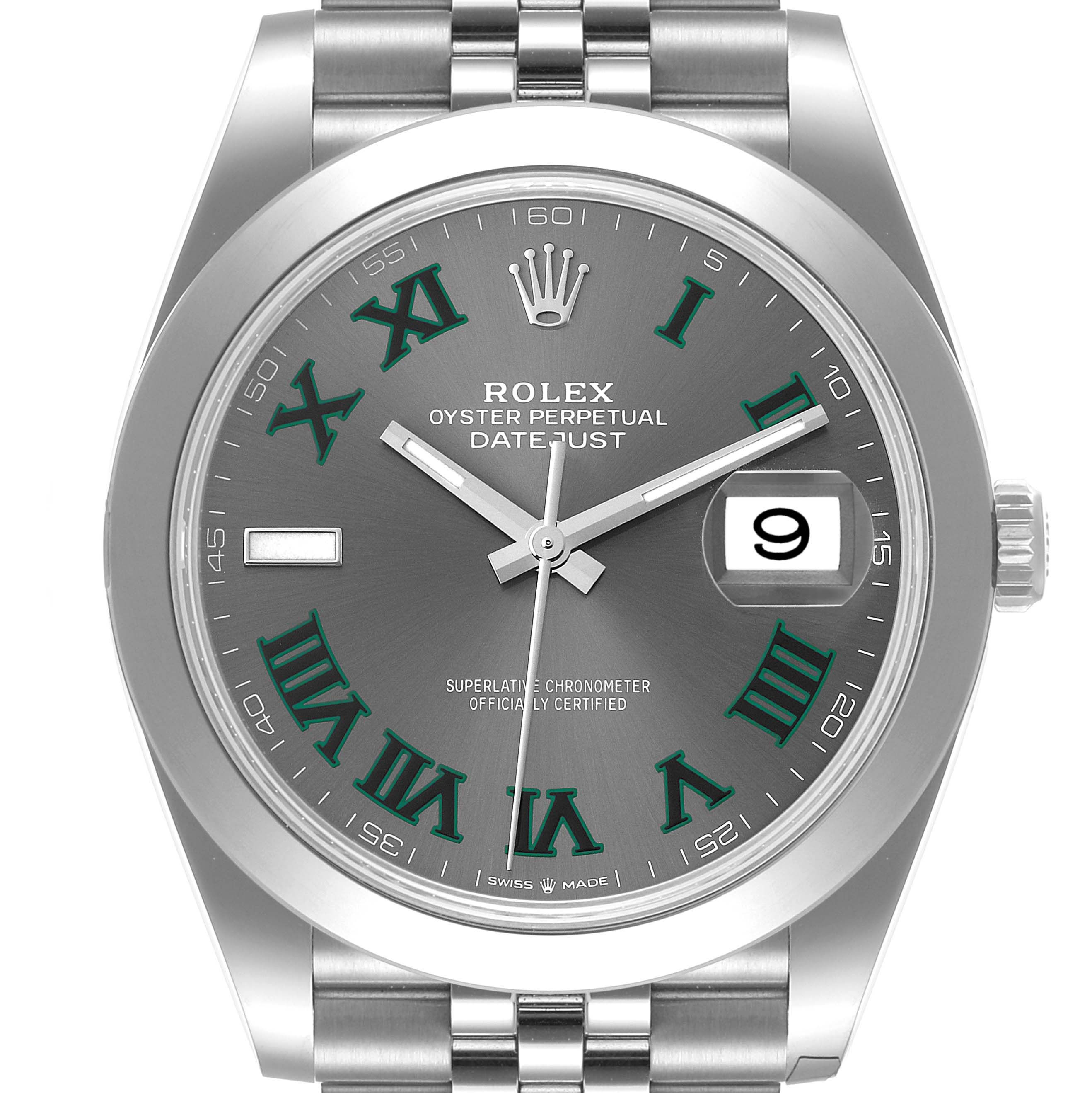 The image shows a close-up of the Rolex Datejust 41 126300 Men's Stainless Steel Grey Dial 126300 Men's Stainless Steel Grey Dial watch face, including the hands, Roman numeral markers, date window, and top of the bracelet.