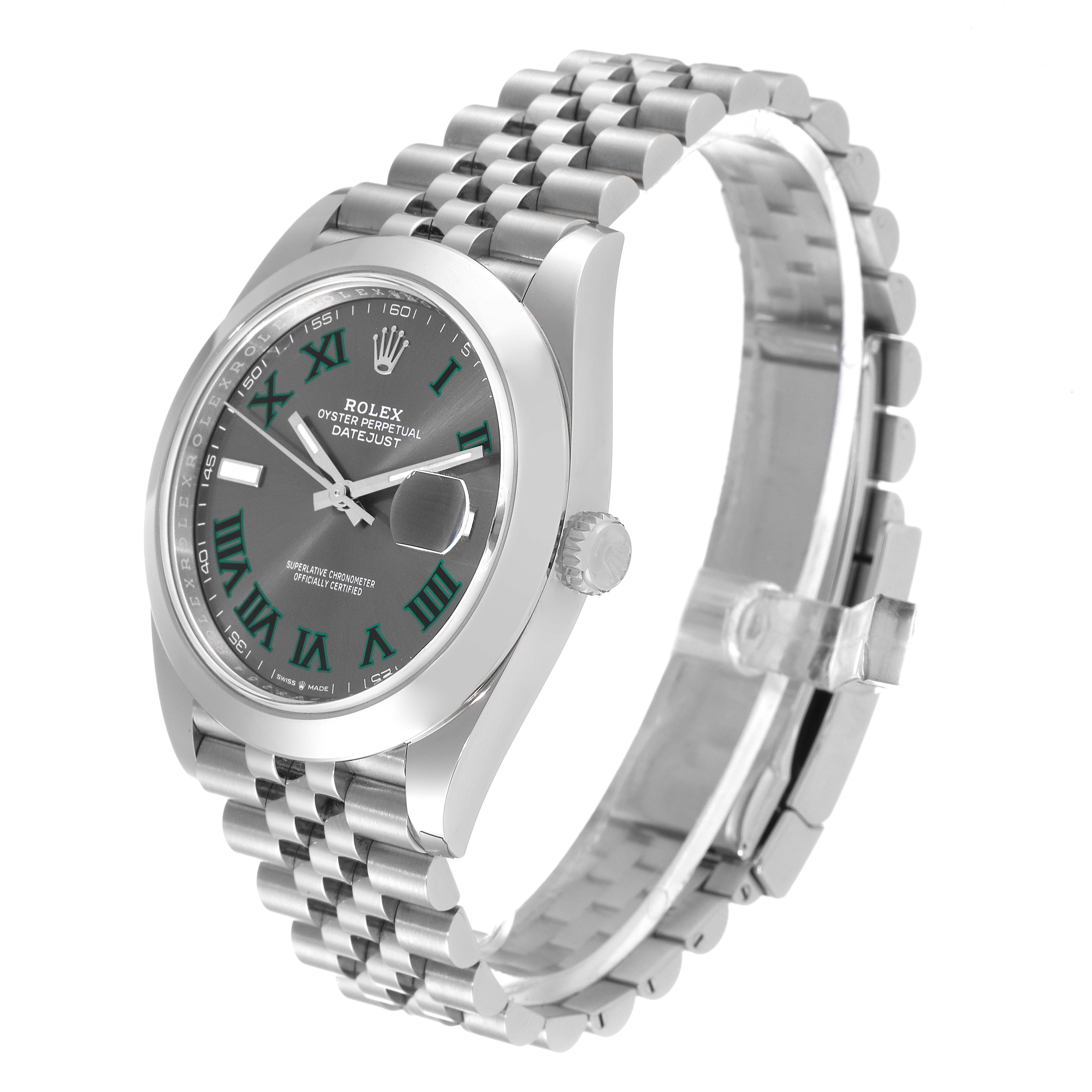 The image shows a Rolex Datejust 41 126300 Men's Stainless Steel Grey Dial 126300 Men's Stainless Steel Grey Dial model at a slight side angle, focusing on the dial, case, and bracelet.