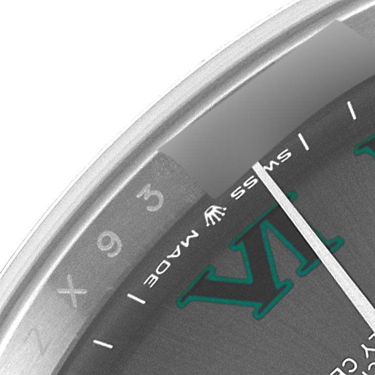 The image shows part of the dial and bezel of a Rolex Datejust 41 126300 Men's Stainless Steel Grey Dial 126300 Men's Stainless Steel Grey Dial, focused on the watch face and the "Swiss Made" text at the bottom.