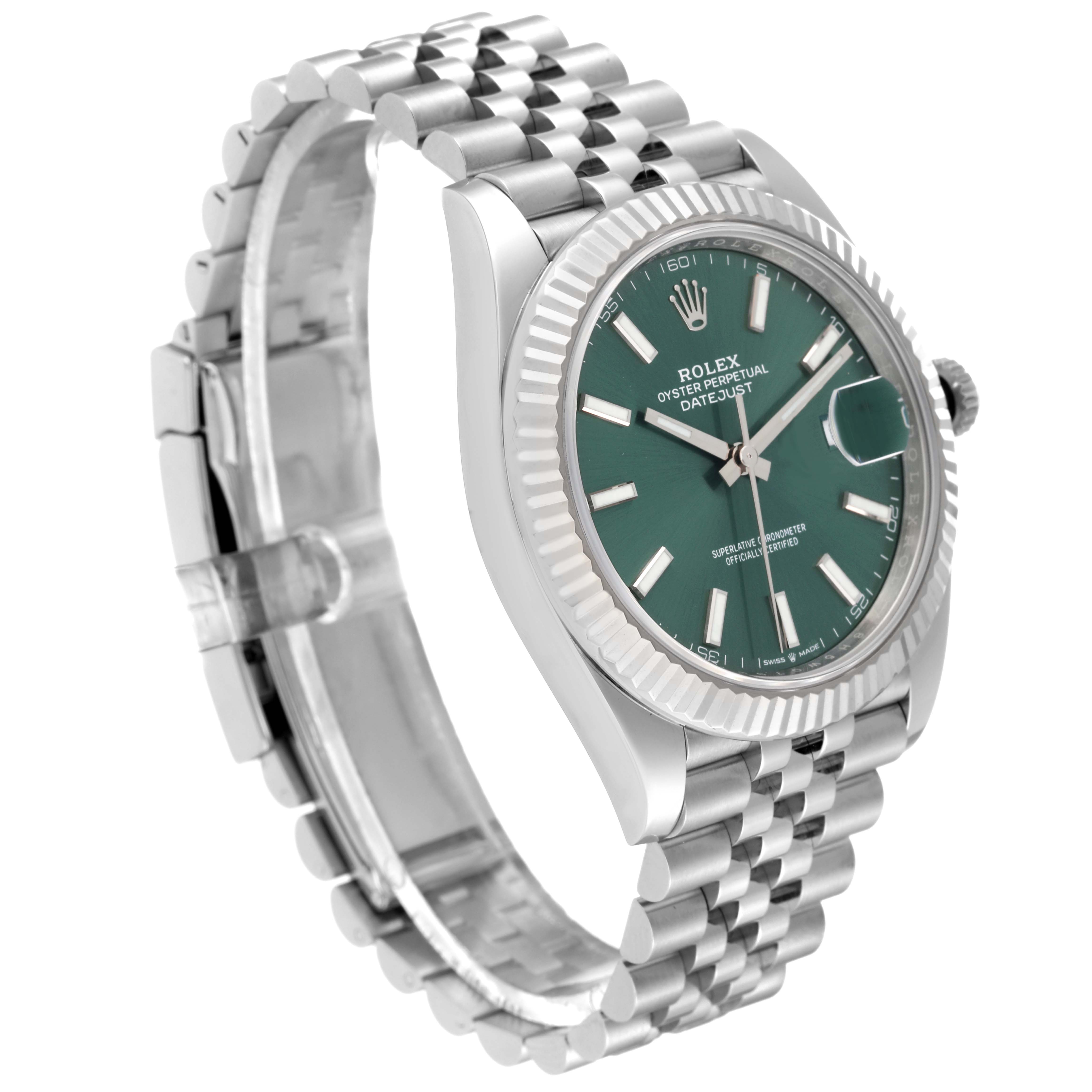 This Rolex Datejust 41 126334 Men
s Stainless Steel Green Dial 126334 Men
s Stainless Steel Green Dial watch is shown at a three-quarter angle, displaying the dial, bezel, case, crown, and bracelet.