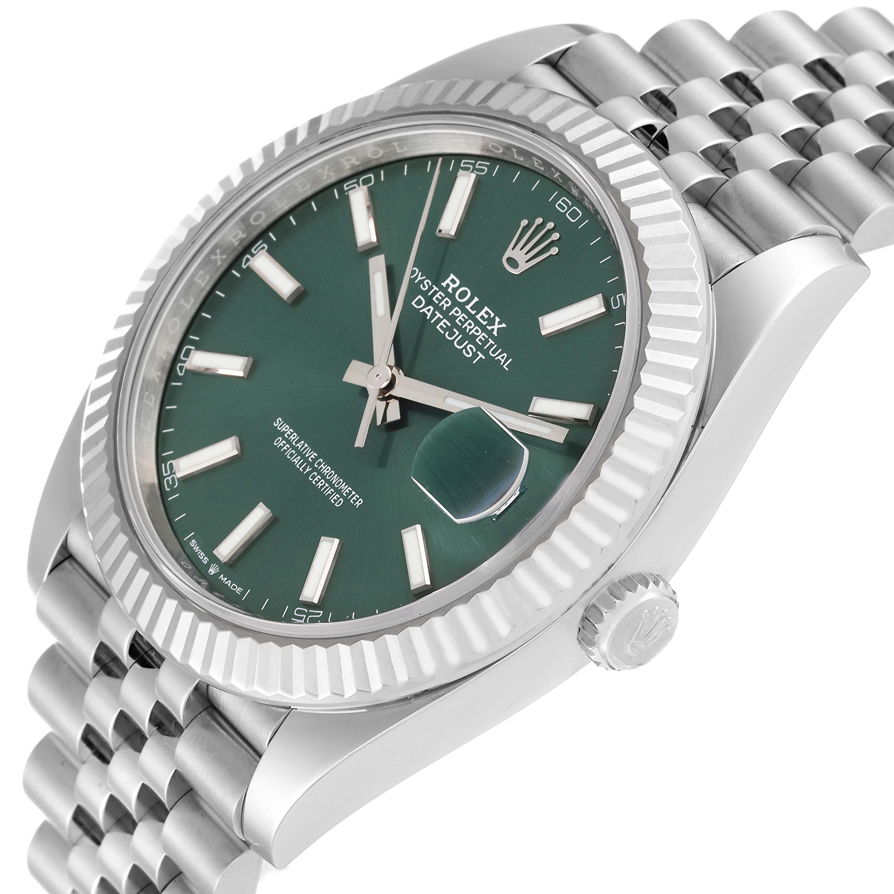 The image shows a Rolex Datejust 41 126334 Men
s Stainless Steel Green Dial 126334 Men
s Stainless Steel Green Dial watch at an angled view highlighting the green dial, fluted bezel, and Jubilee bracelet.