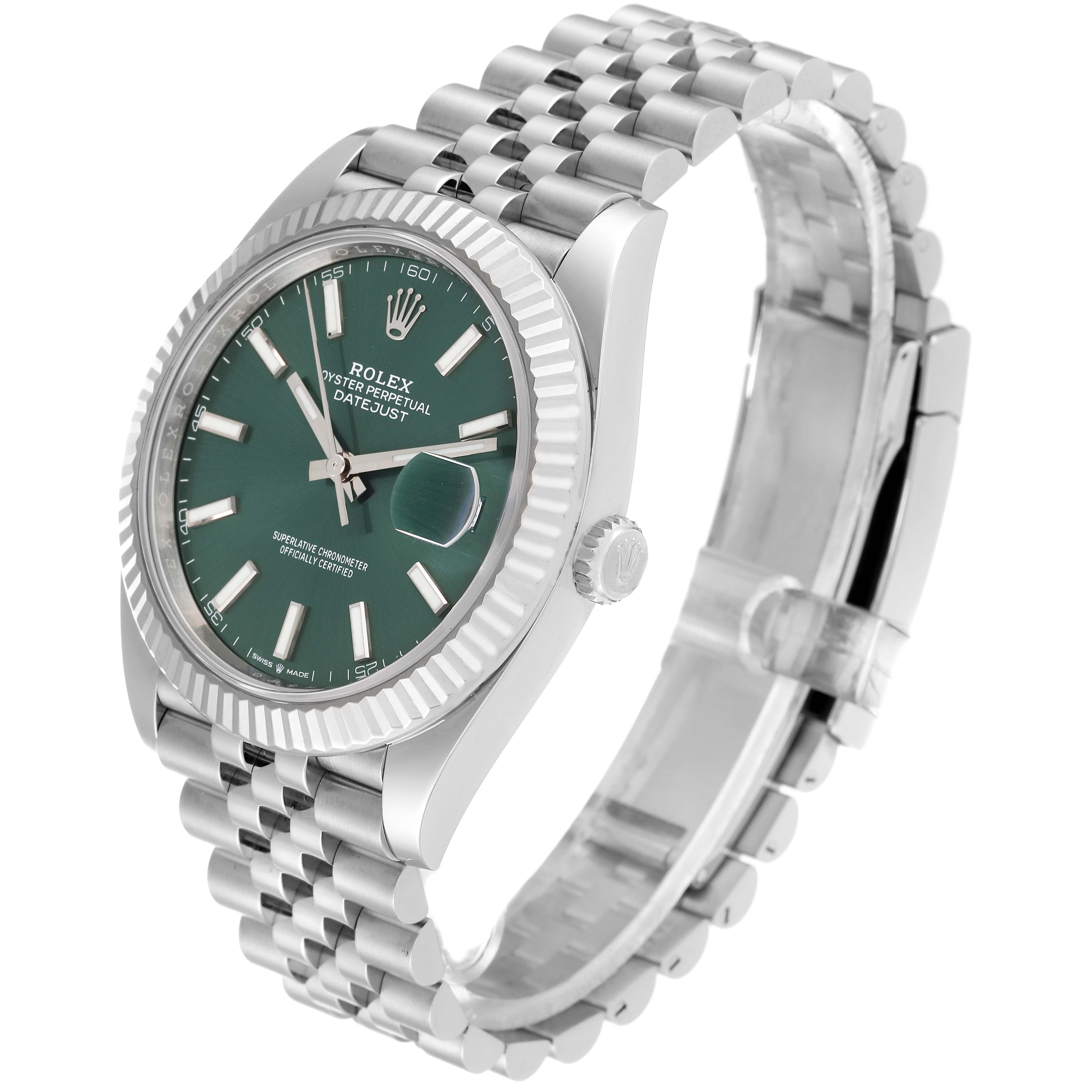 The Rolex Datejust 41 126334 Men
s Stainless Steel Green Dial 126334 Men
s Stainless Steel Green Dial watch is shown at an angled side view, highlighting its green dial, fluted bezel, crown, and jubilee bracelet.