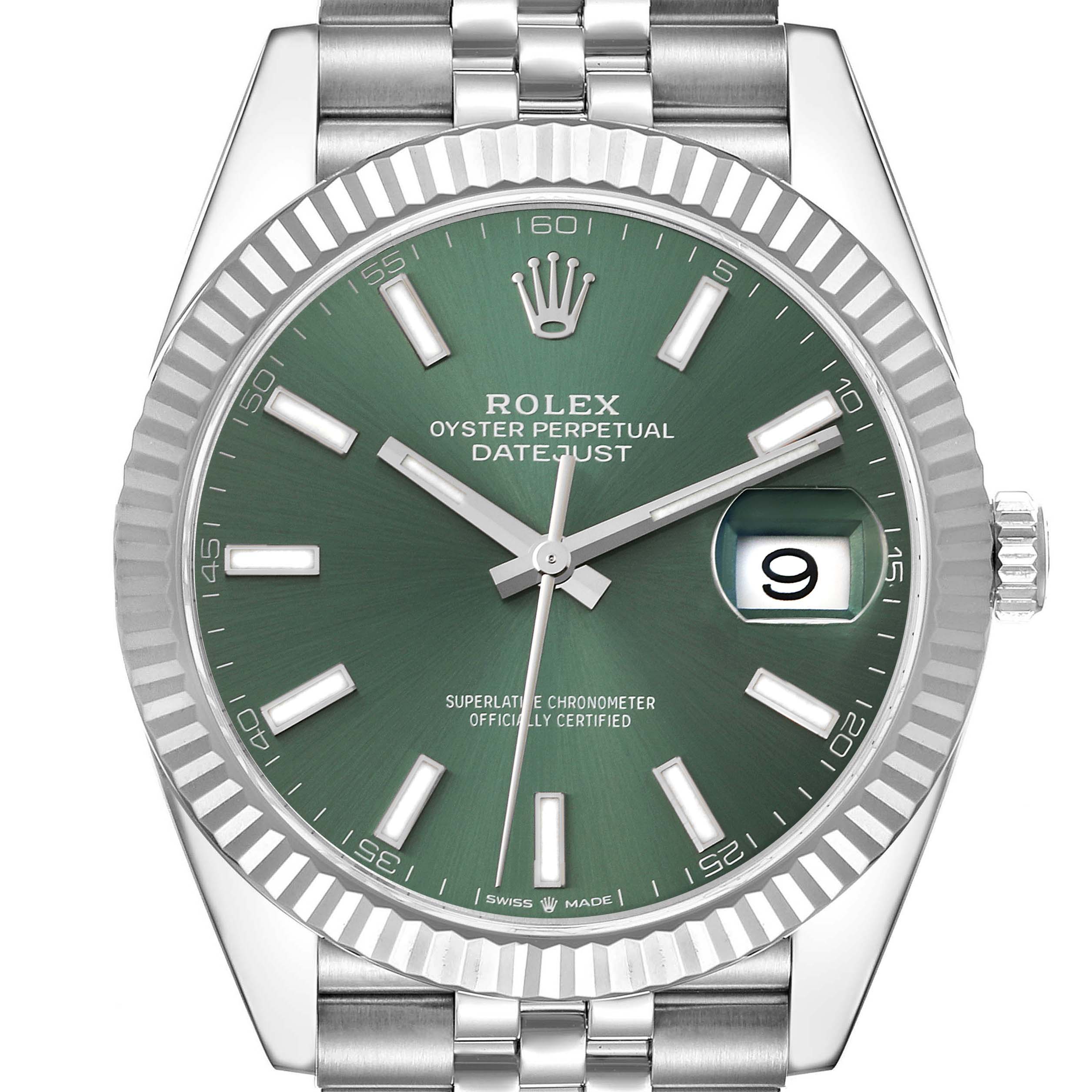 This image shows a front view of the Rolex Datejust 41 126334 Men
s Stainless Steel Green Dial 126334 Men
s Stainless Steel Green Dial watch with a green dial, date display, and fluted bezel.