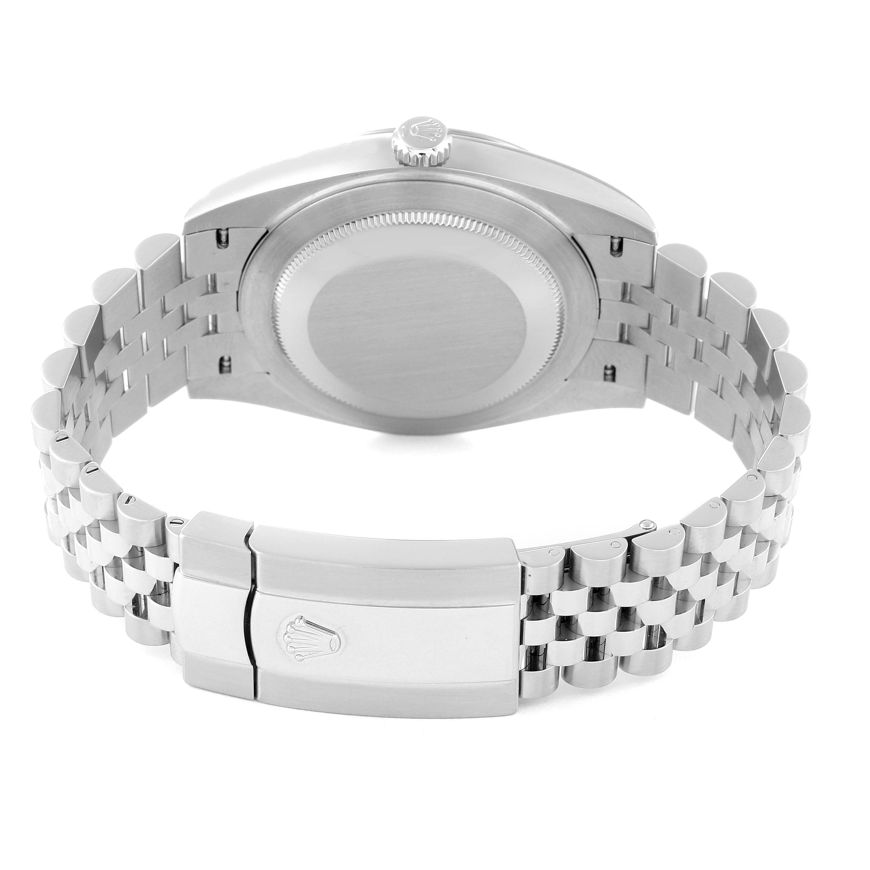 The image shows the back view of the Rolex Datejust 41 126334 Men
s Stainless Steel Green Dial 126334 Men
s Stainless Steel Green Dial watch, highlighting the case back, crown, and bracelet with a clasp.