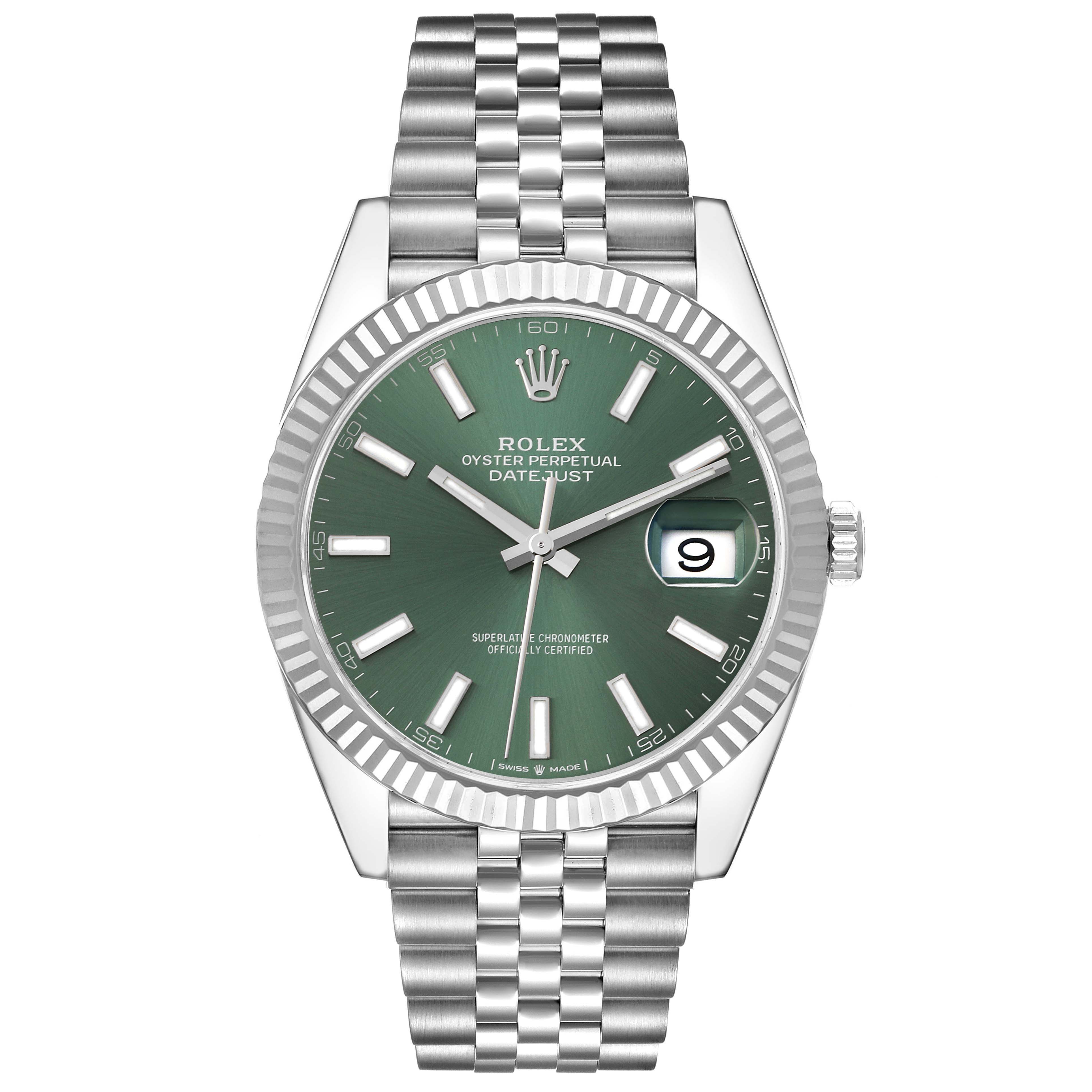 The image shows a front view of a Rolex Datejust 41 126334 Men
s Stainless Steel Green Dial 126334 Men
s Stainless Steel Green Dial watch, featuring a green dial, fluted bezel, and Jubilee bracelet.