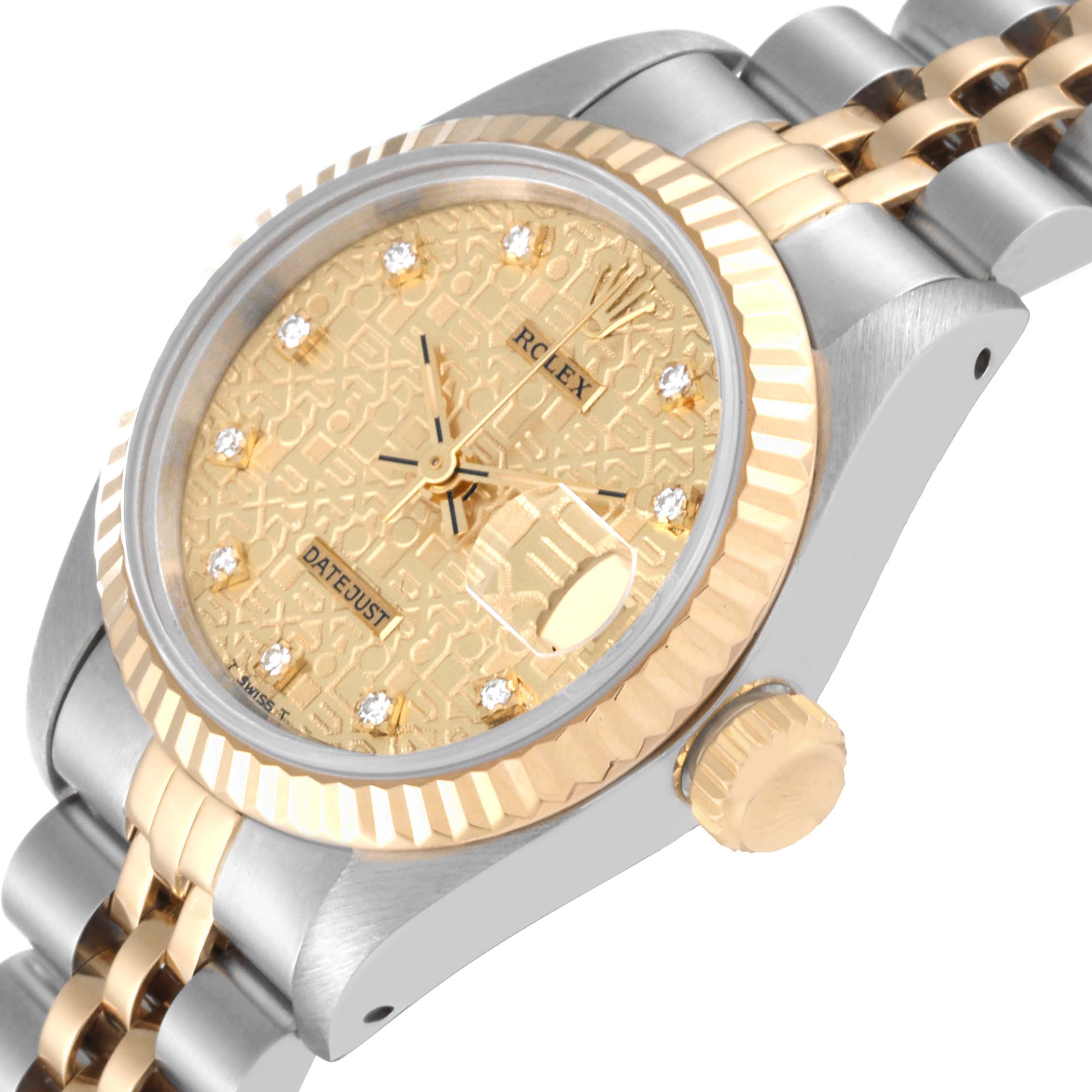 The image shows a close-up angle of the Rolex Datejust 69173 Women's Steel and Gold (two tone) Champagne Dial 69173 Women's Steel and Gold (two tone) Champagne Dial watch, highlighting the dial, fluted bezel, and part of the bracelet.