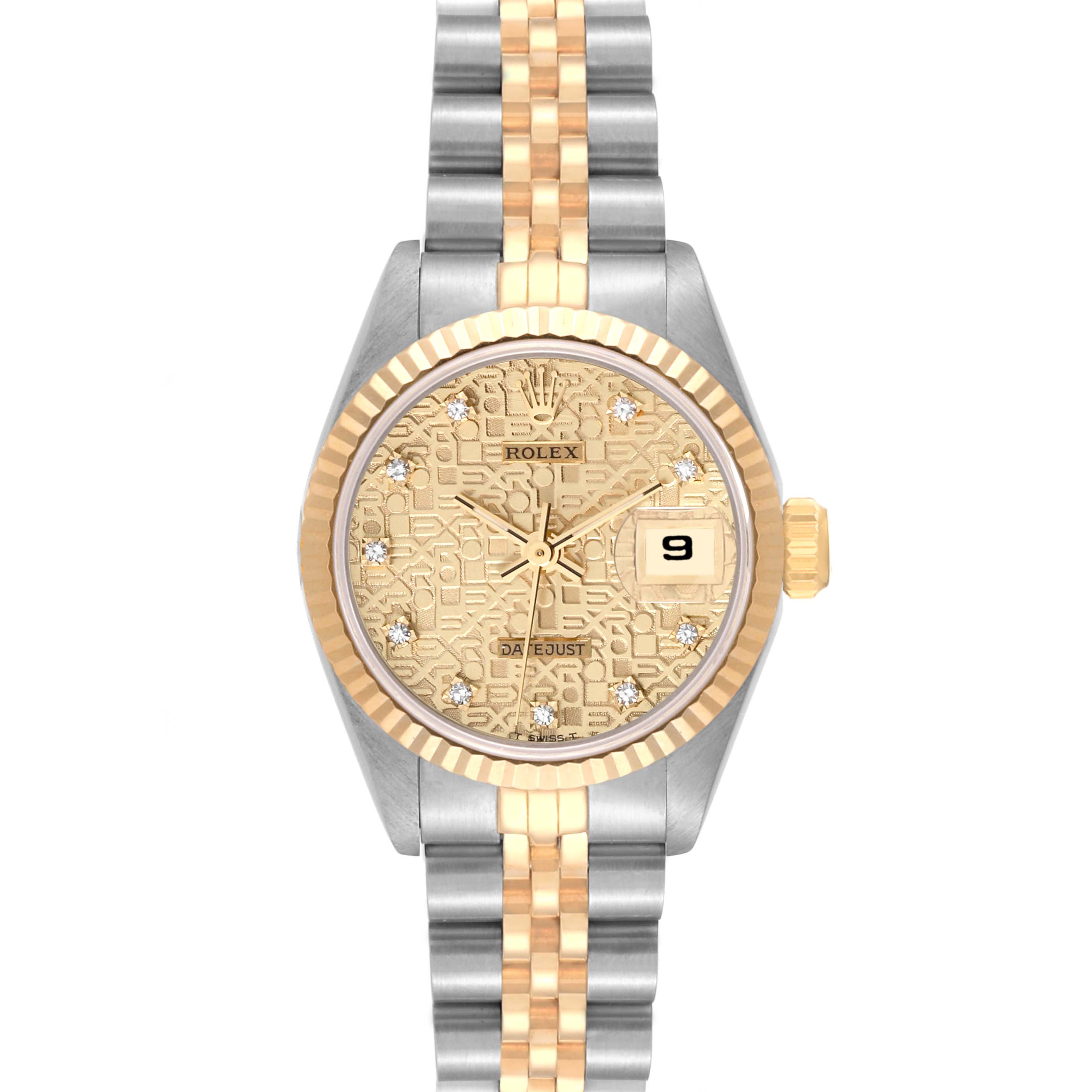 The image shows a Rolex Datejust 69173 Women's Steel and Gold (two tone) Champagne Dial 69173 Women's Steel and Gold (two tone) Champagne Dial watch from the front, highlighting the dial, bezel, and bracelet.