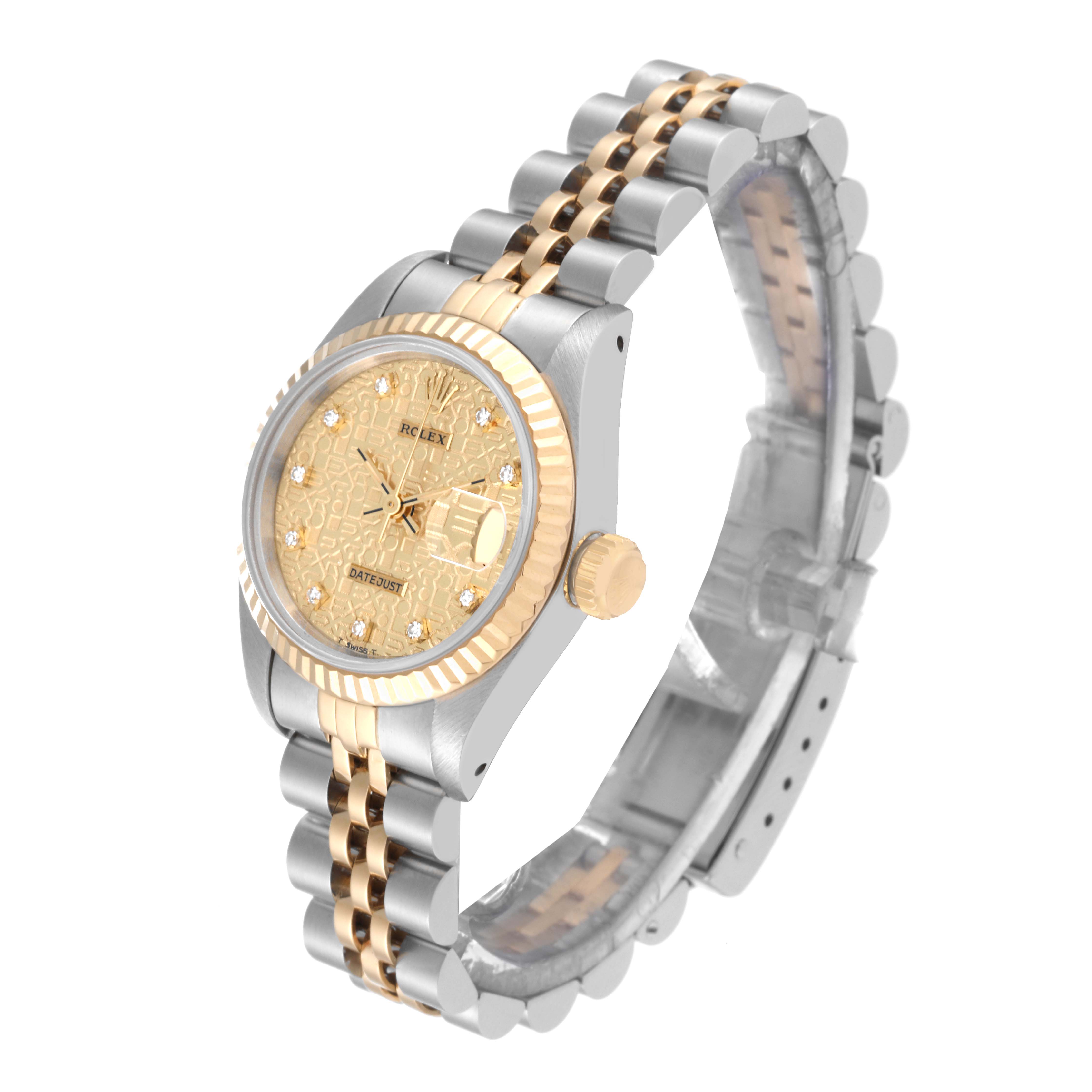 The image shows a Rolex Datejust 69173 Women's Steel and Gold (two tone) Champagne Dial 69173 Women's Steel and Gold (two tone) Champagne Dial watch at a three-quarter angle, highlighting the face, bezel, crown, and bracelet.