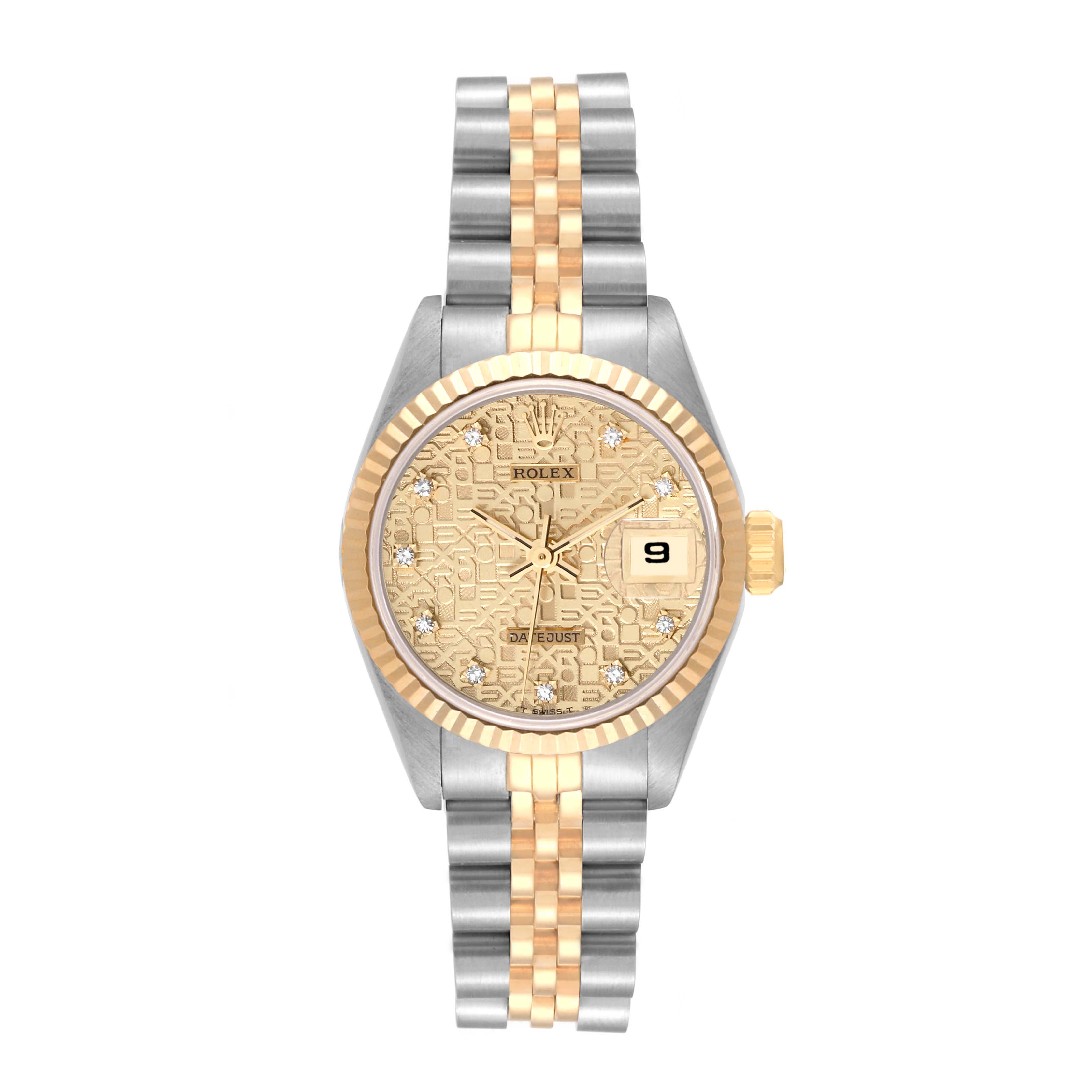 The image shows a frontal view of a Rolex Datejust 69173 Women's Steel and Gold (two tone) Champagne Dial 69173 Women's Steel and Gold (two tone) Champagne Dial model watch featuring a two-tone bracelet and a patterned gold dial.