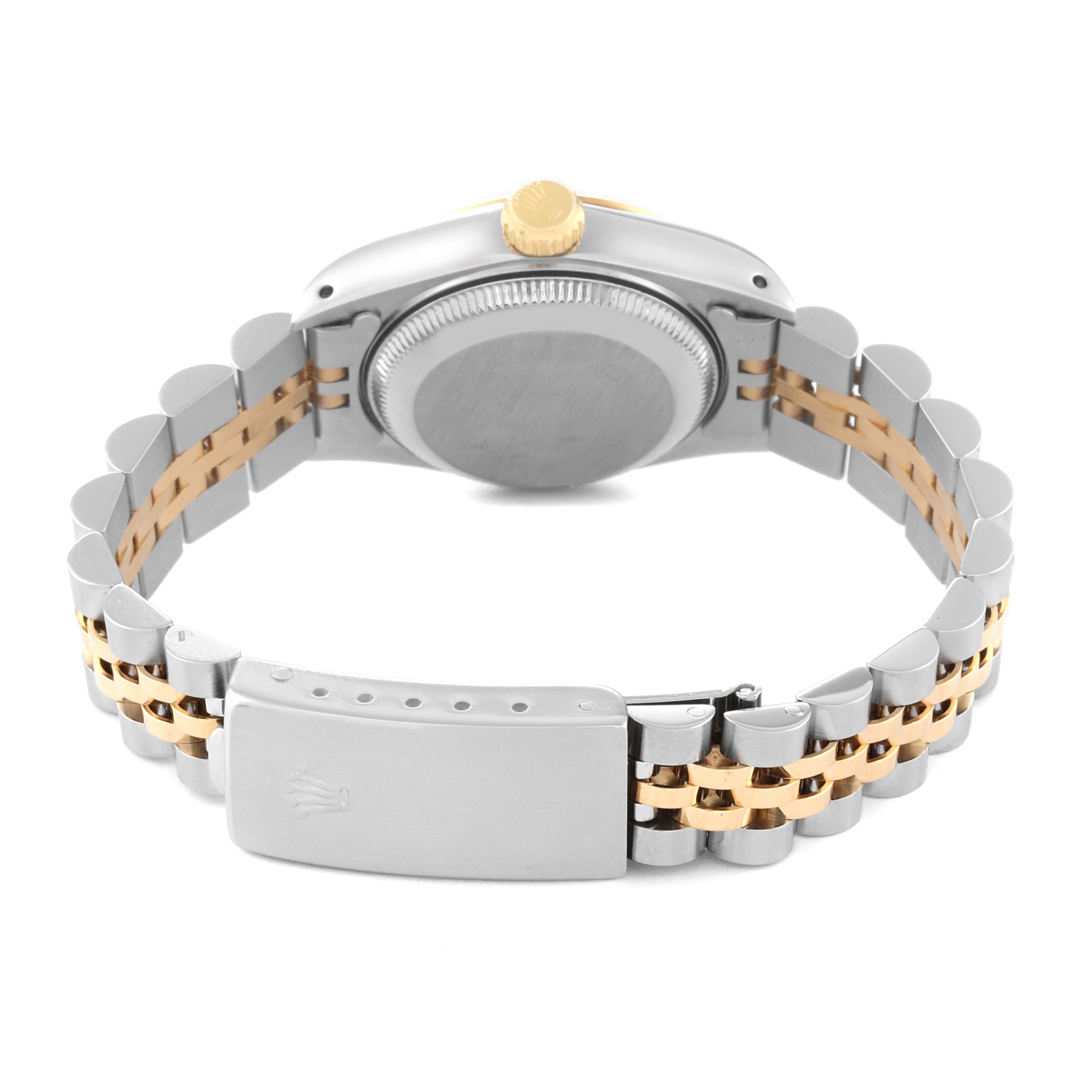 The image shows the back case and Jubilee bracelet of the Rolex Datejust 69173 Women's Steel and Gold (two tone) Champagne Dial 69173 Women's Steel and Gold (two tone) Champagne Dial watch viewed from the rear angle.