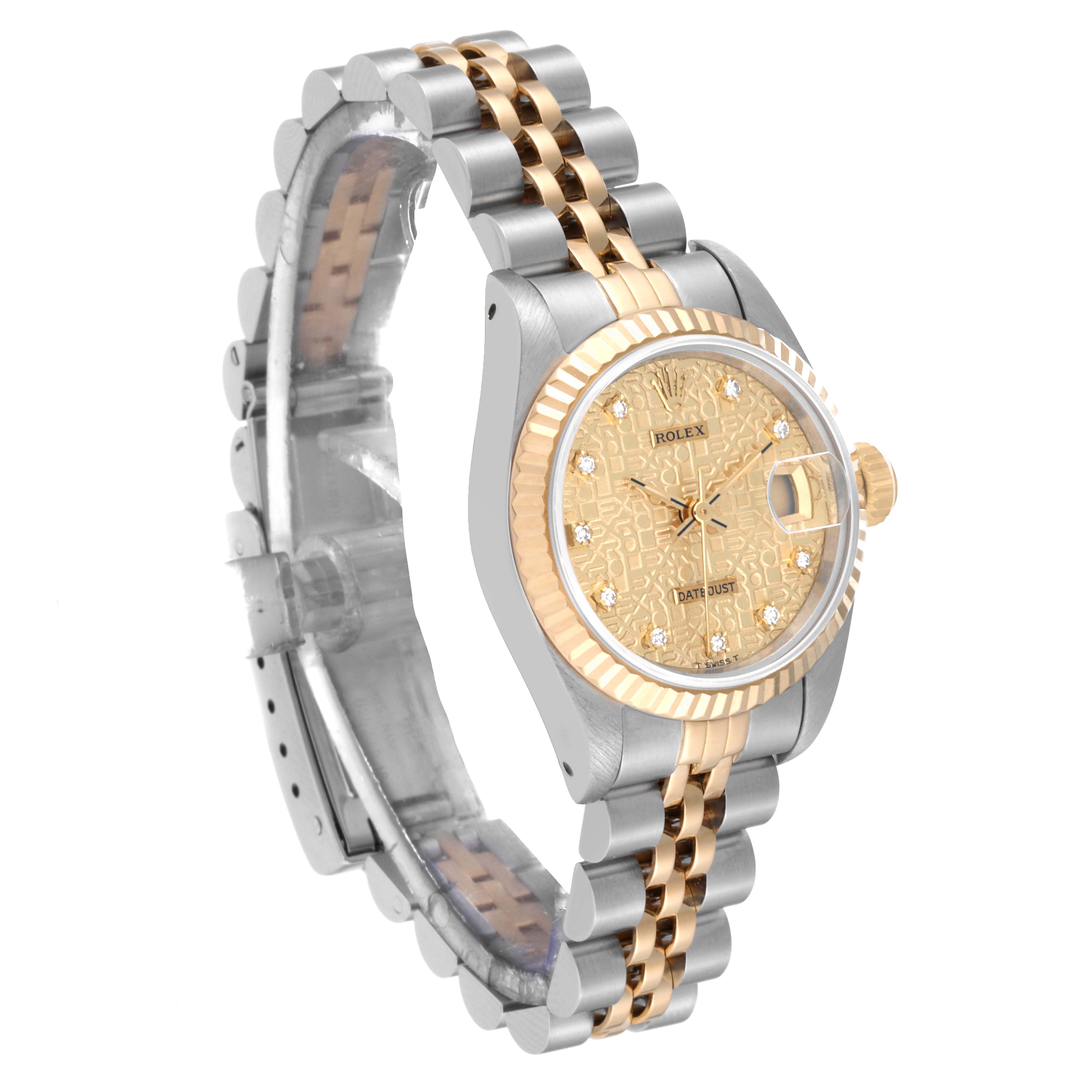 The Rolex Datejust 69173 Women's Steel and Gold (two tone) Champagne Dial 69173 Women's Steel and Gold (two tone) Champagne Dial watch is shown at a slight angle, highlighting the face, bezel, and part of the jubilee bracelet.