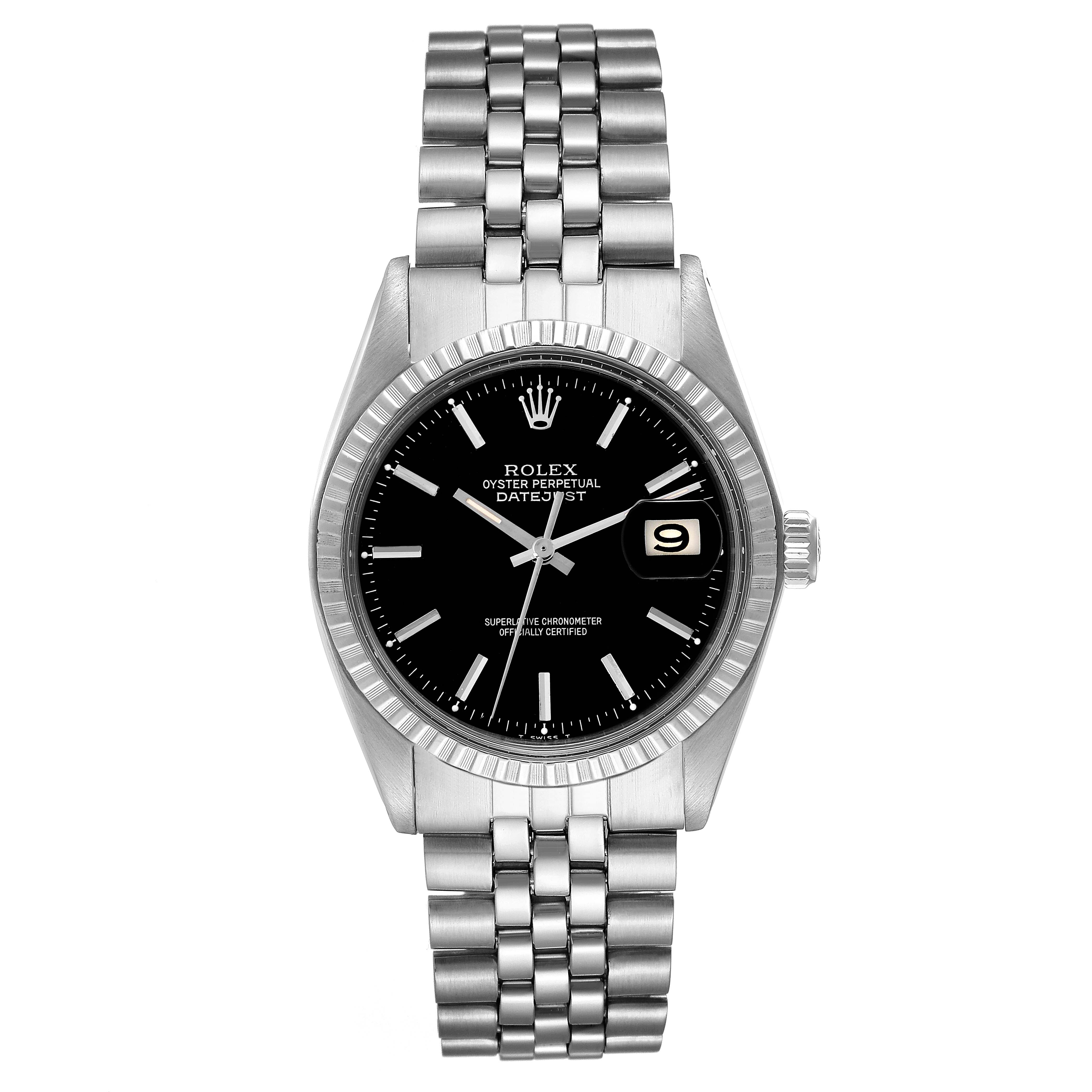This image shows a front view of a Rolex Vintage Collection 1603 Men
s Stainless Steel Black Dial 1603 Men
s Stainless Steel Black Dial model watch, displaying its face, bezel, and bracelet.