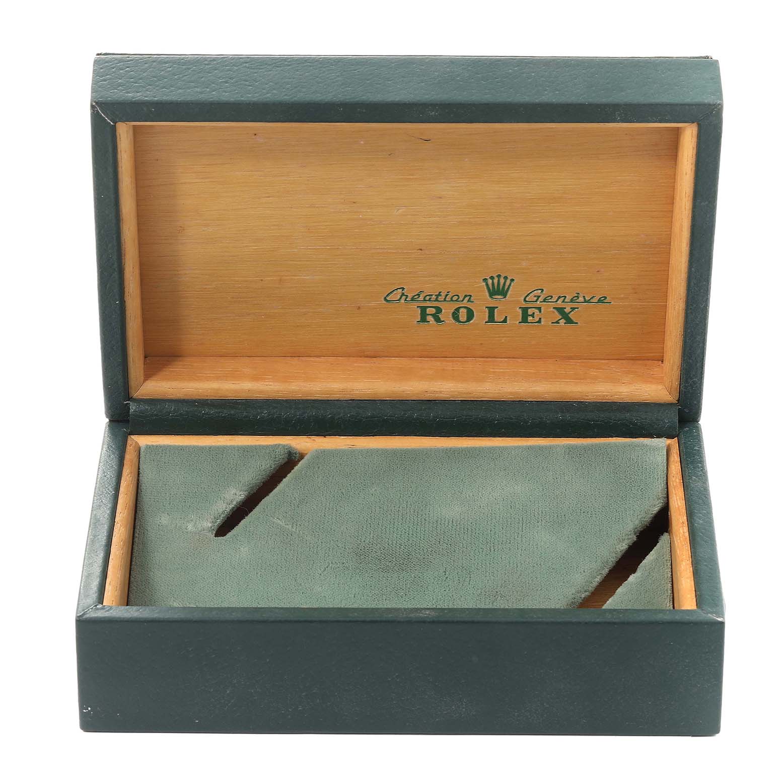 The image shows an empty Rolex Vintage Collection 1603 Men
s Stainless Steel Black Dial 1603 Men
s Stainless Steel Black Dial watch box, viewed from the front with the lid open.