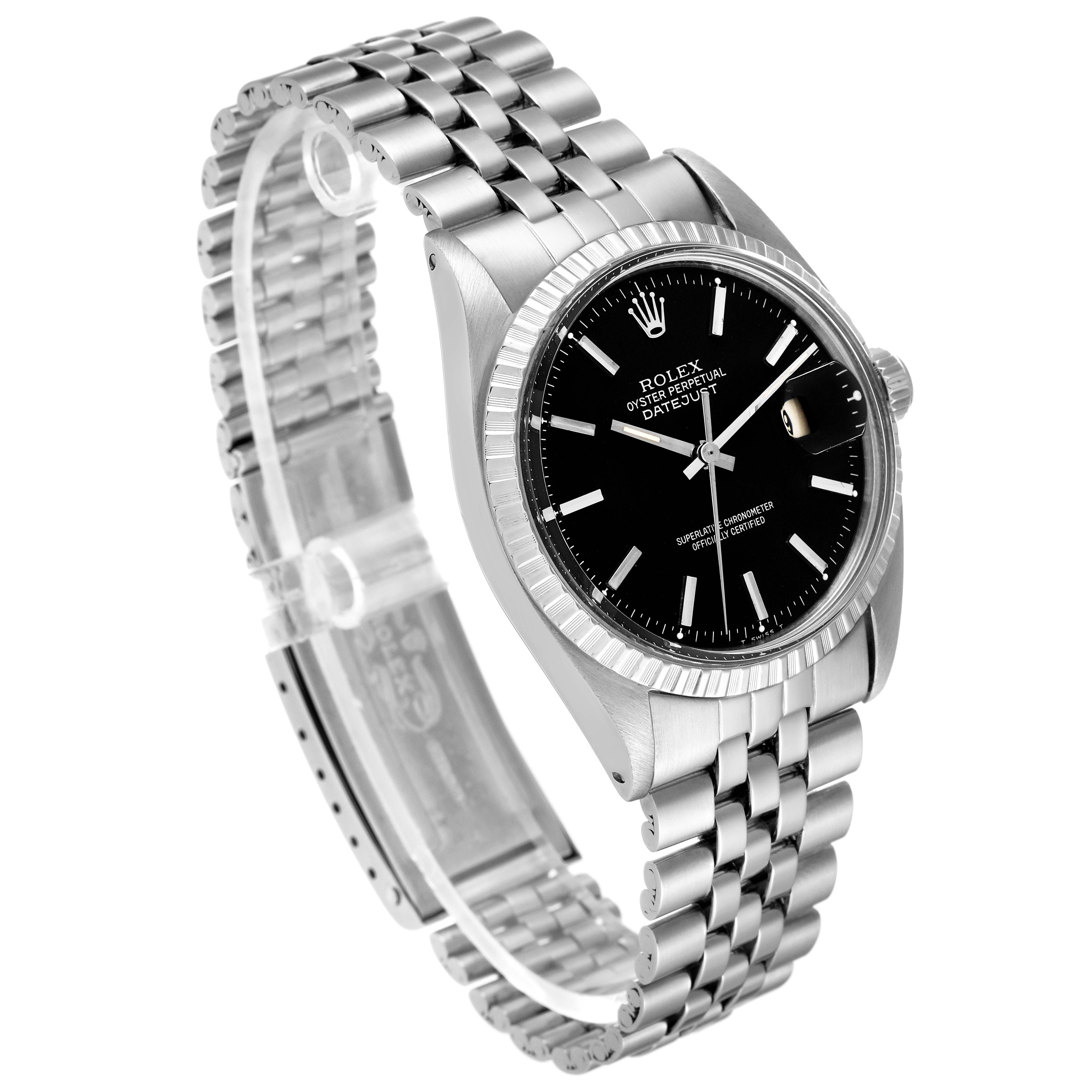 This image shows a Rolex Vintage Collection 1603 Men
s Stainless Steel Black Dial 1603 Men
s Stainless Steel Black Dial watch at a three-quarter angle, highlighting its black dial, stainless steel case, and bracelet.