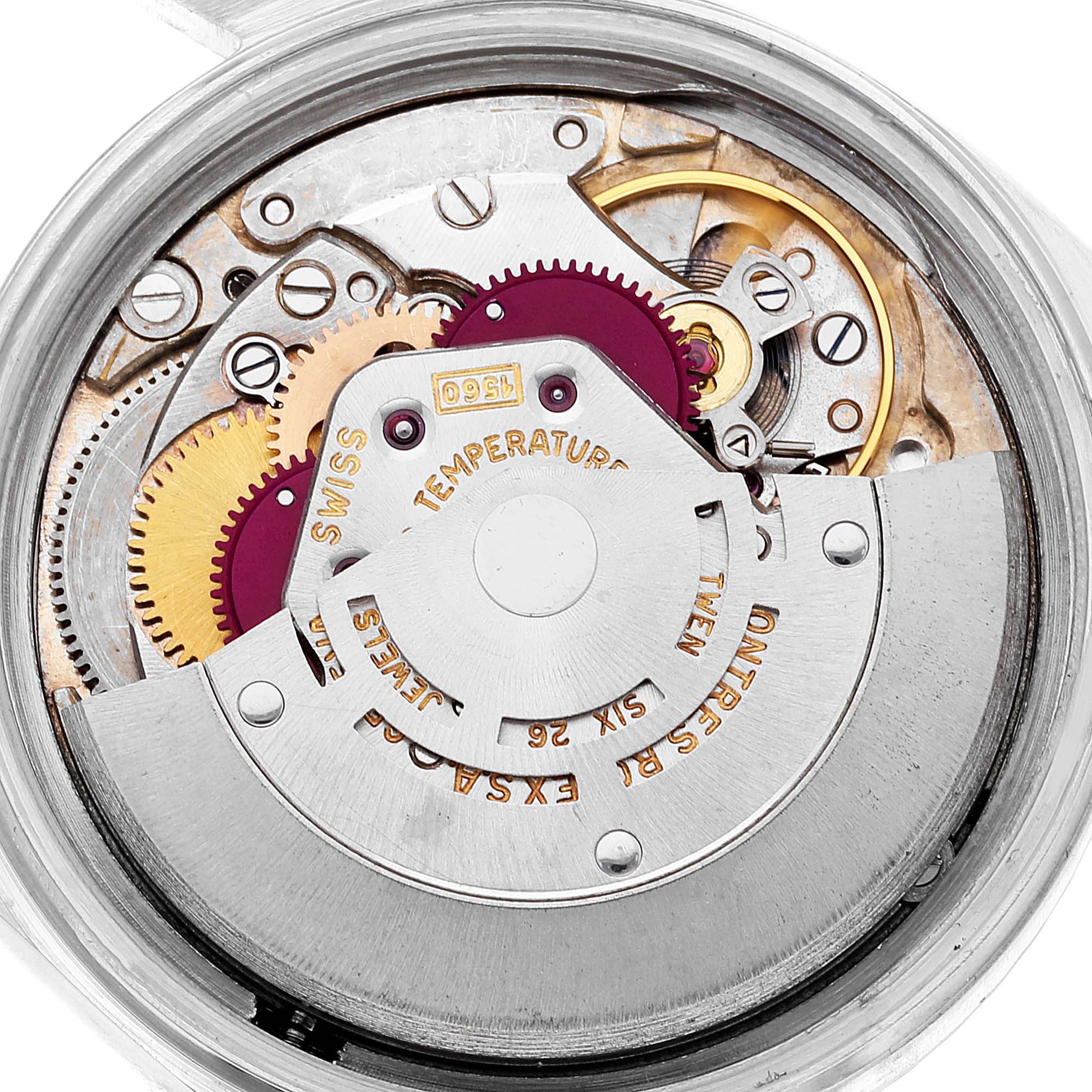 This image shows a detailed view of the internal mechanism of a Vintage Collection Rolex watch from the back angle.