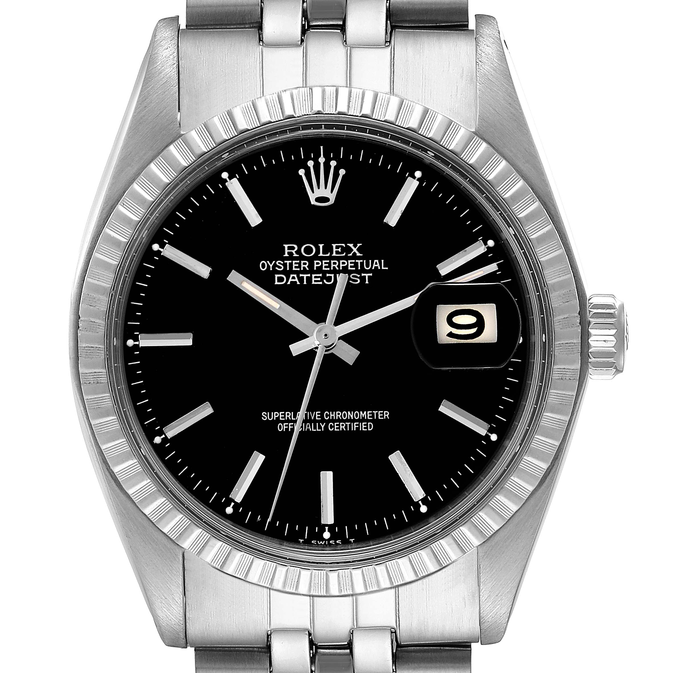 This image shows a frontal view of the Rolex Vintage Collection 1603 Men
s Stainless Steel Black Dial 1603 Men
s Stainless Steel Black Dial Datejust watch, featuring its face, bezel, and part of the bracelet.