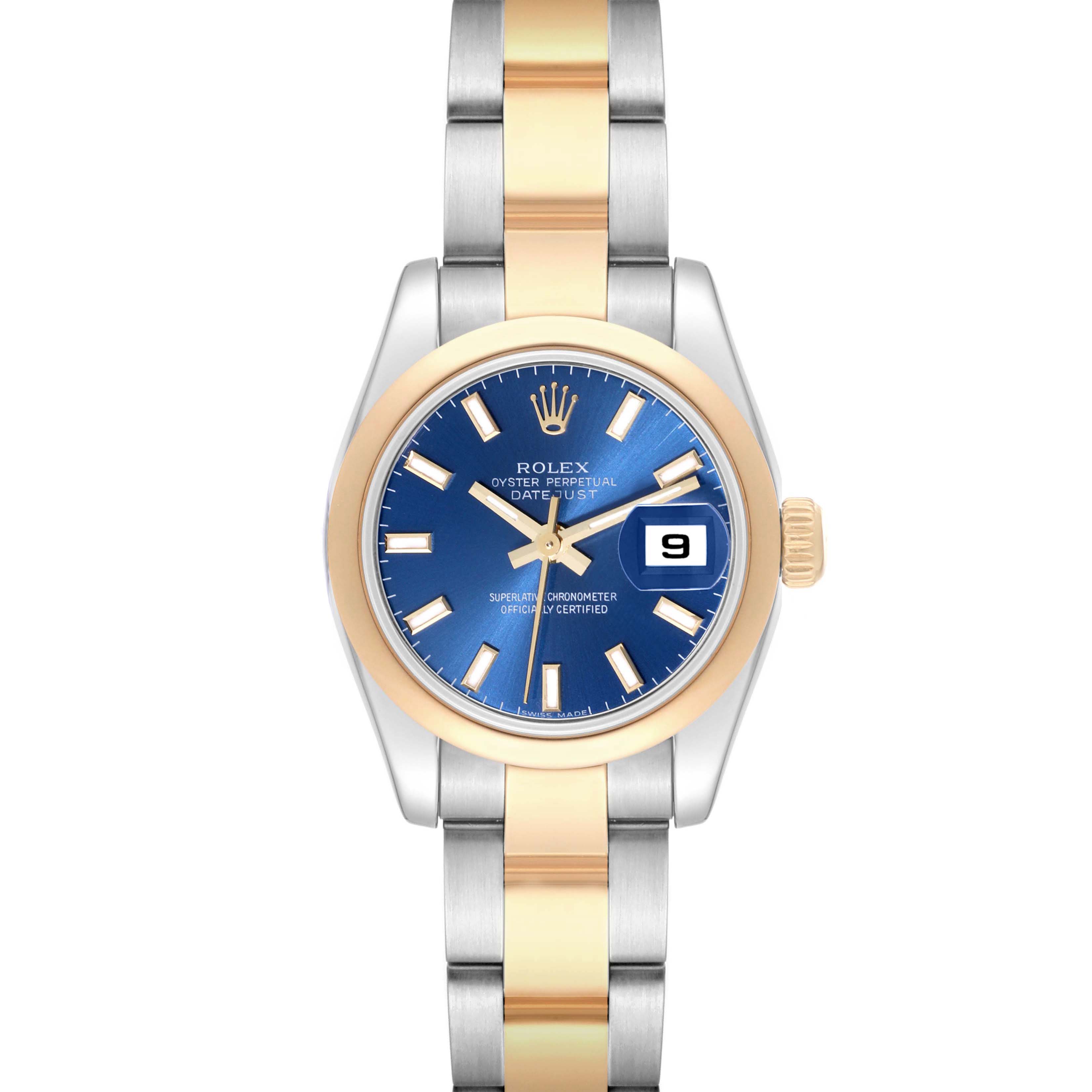This image shows the front angle of a Rolex Datejust 179163 Women's Steel and Gold (two tone) Blue Dial 179163 Women's Steel and Gold (two tone) Blue Dial watch featuring a blue dial, gold bezel, and two-tone metal bracelet.