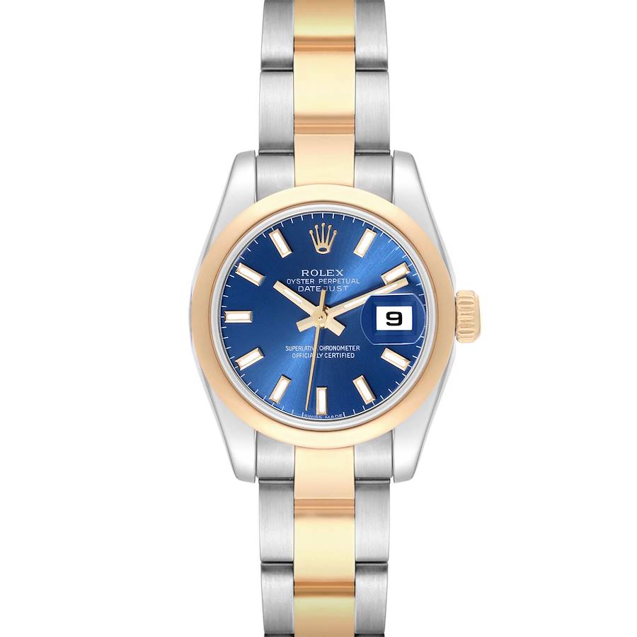 This image shows the front angle of a Rolex Datejust watch featuring a blue dial, gold bezel, and two-tone metal bracelet.