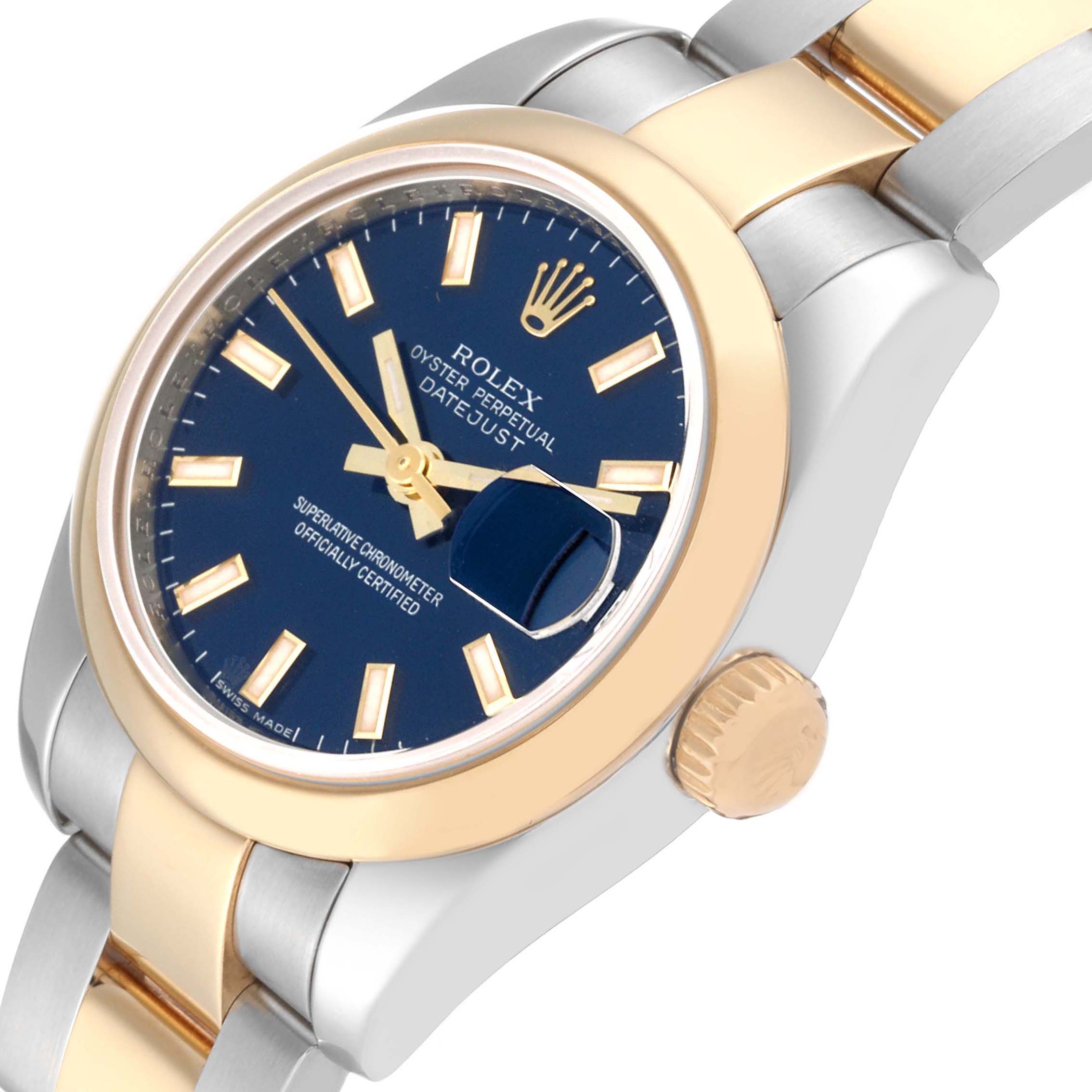 The image shows a close-up angle of a Rolex Datejust 179163 Women's Steel and Gold (two tone) Blue Dial 179163 Women's Steel and Gold (two tone) Blue Dial watch, highlighting the dial, bezel, and crown.
