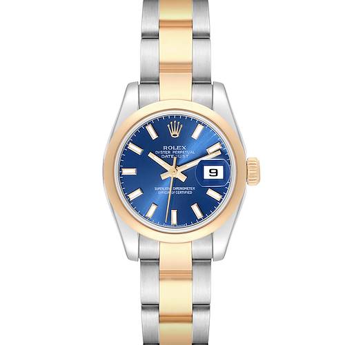 This image shows a front view of a Rolex Datejust watch, highlighting its blue dial, two-tone bracelet, and date display.