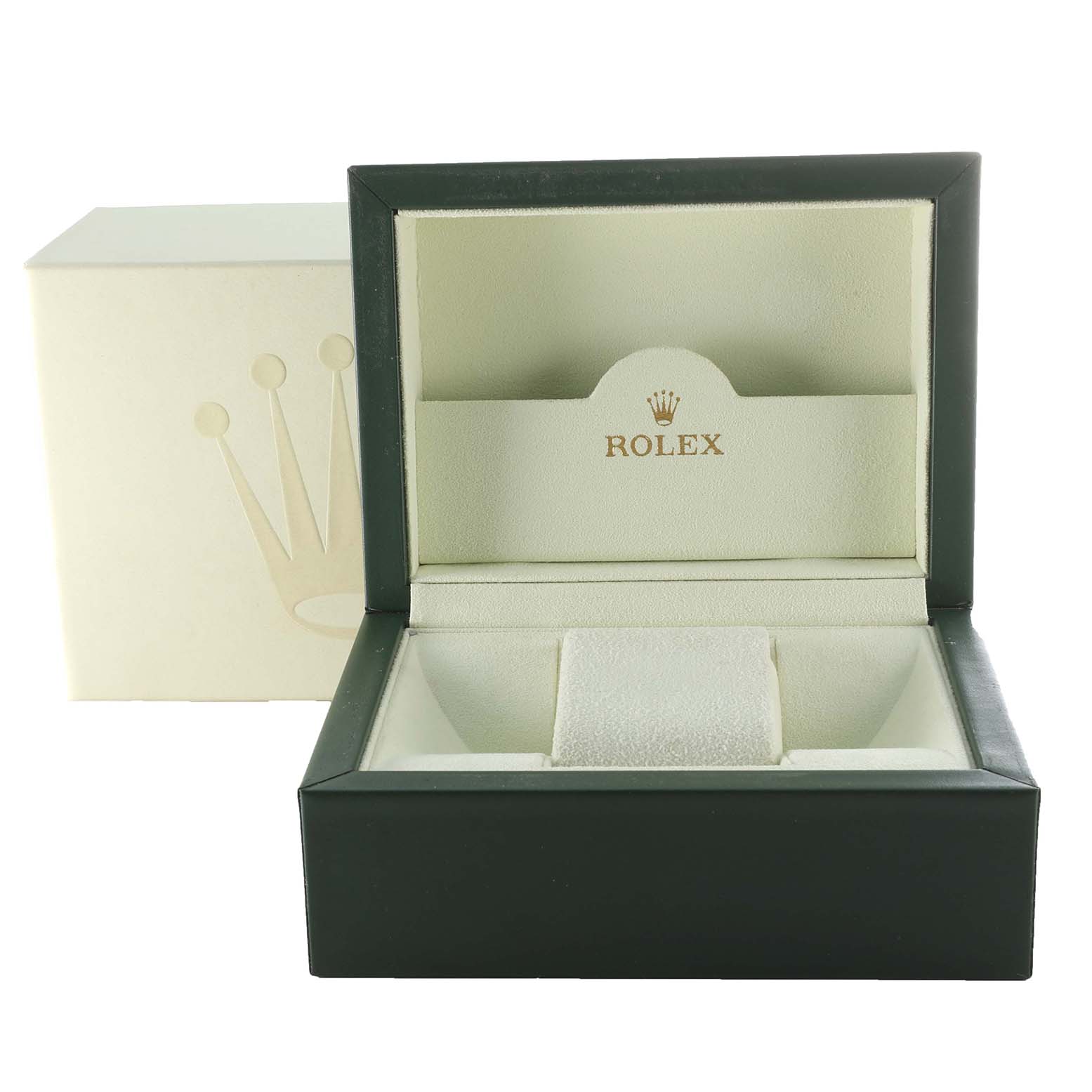 The image shows an empty Rolex Datejust 179163 Women's Steel and Gold (two tone) Blue Dial 179163 Women's Steel and Gold (two tone) Blue Dial watch box with the lid open, revealing the cushioned interior.