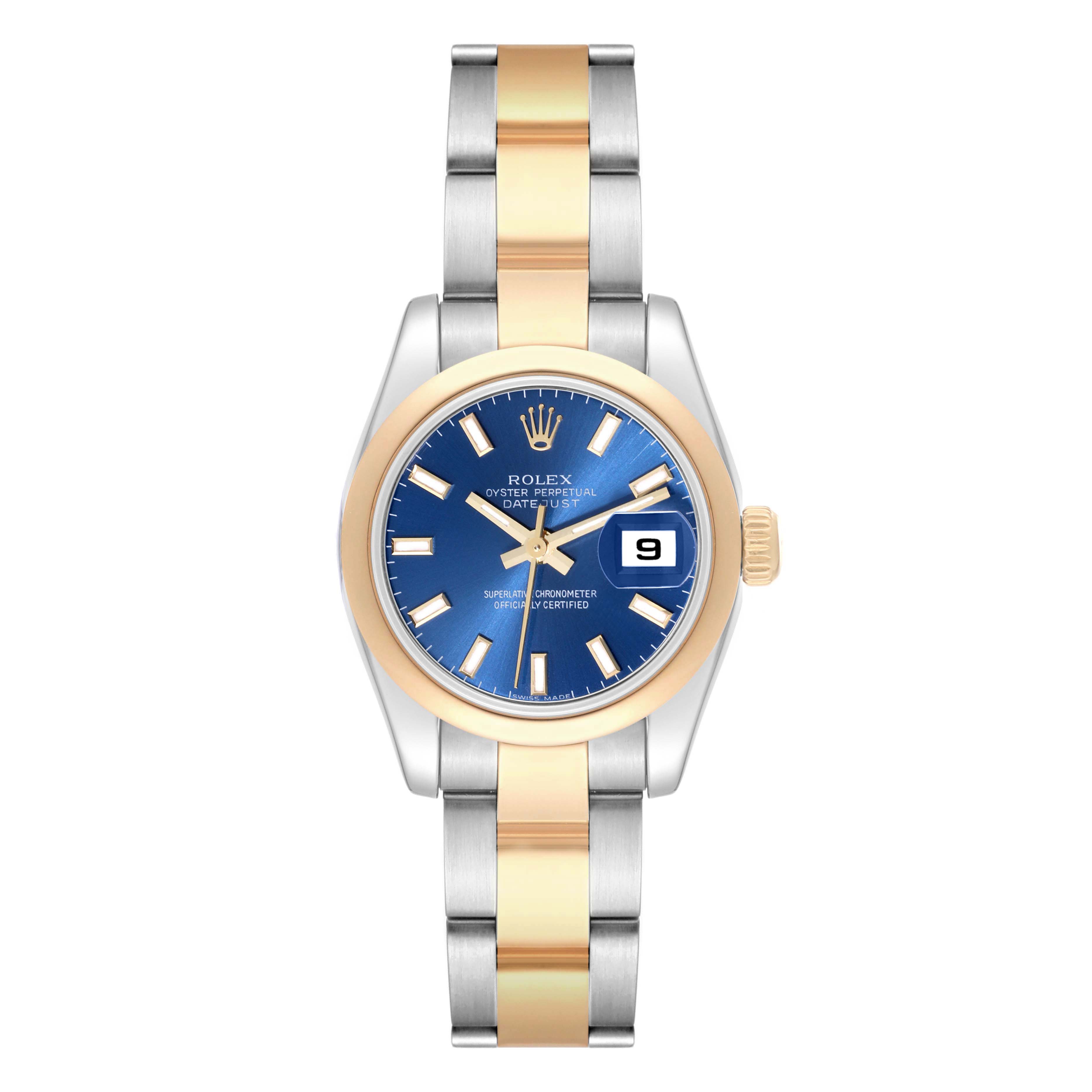 The image shows a front view of a Rolex Datejust 179163 Women's Steel and Gold (two tone) Blue Dial 179163 Women's Steel and Gold (two tone) Blue Dial watch featuring a two-tone bracelet and a blue dial with a date display.