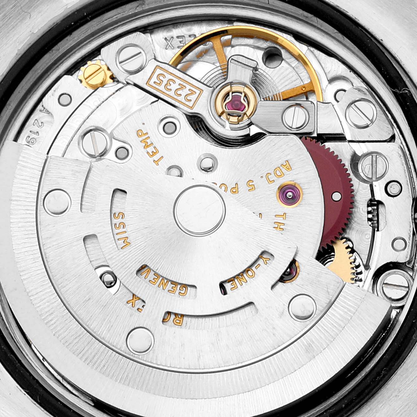 The image shows the internal movement mechanism of a Rolex Datejust 179163 Women's Steel and Gold (two tone) Blue Dial 179163 Women's Steel and Gold (two tone) Blue Dial watch with visible gears and components.