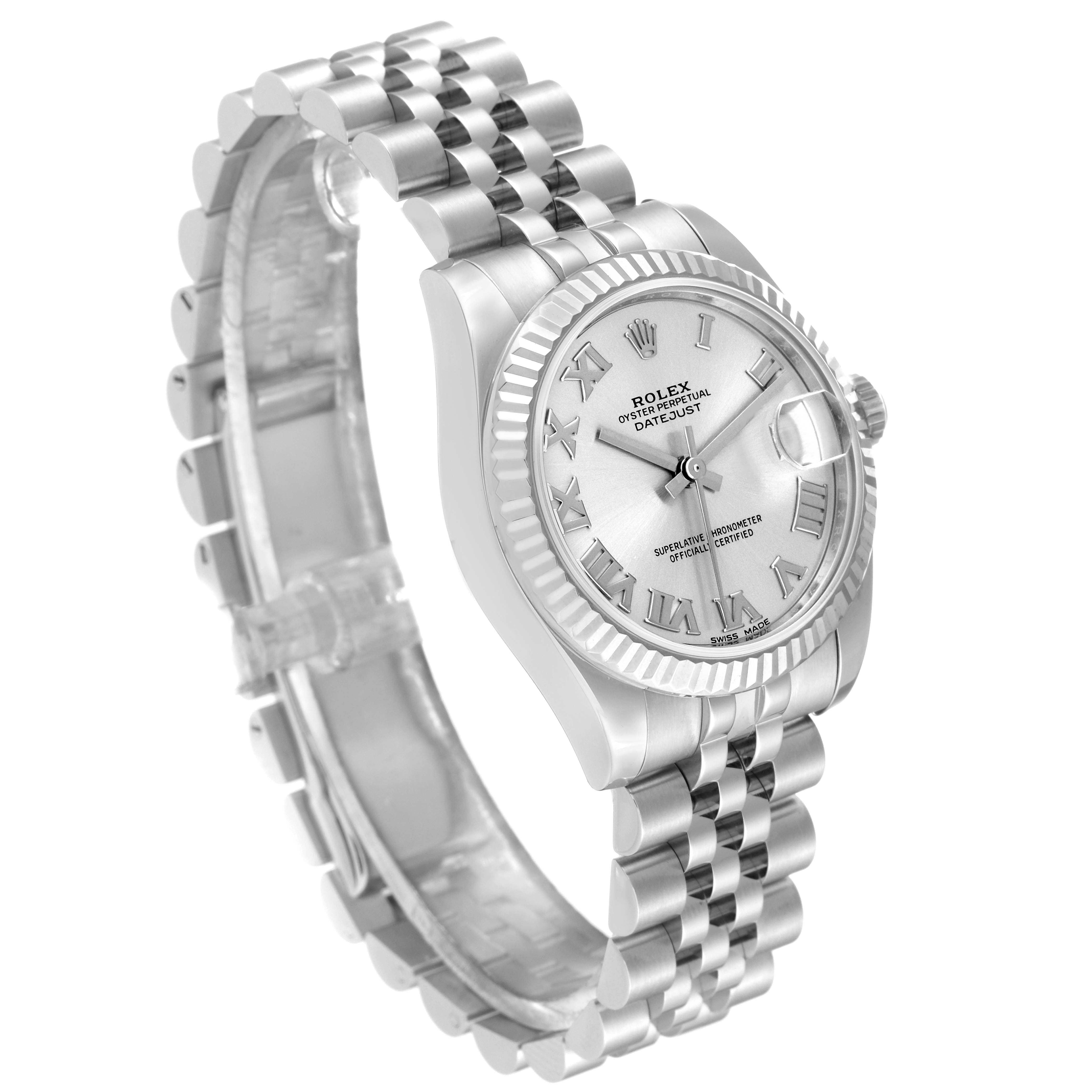 The image shows a side angle of a Rolex Mid-Size 178274 Women
s Stainless Steel Silver Dial 178274 Women
s Stainless Steel Silver Dial Datejust watch, highlighting the dial, bezel, crown, and bracelet.