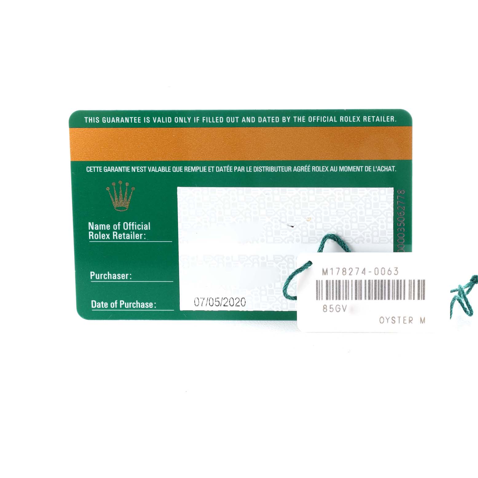 The image shows a warranty card and tag for a Rolex Mid-Size 178274 Women
s Stainless Steel Silver Dial 178274 Women
s Stainless Steel Silver Dial model, with details including date of purchase and model number.