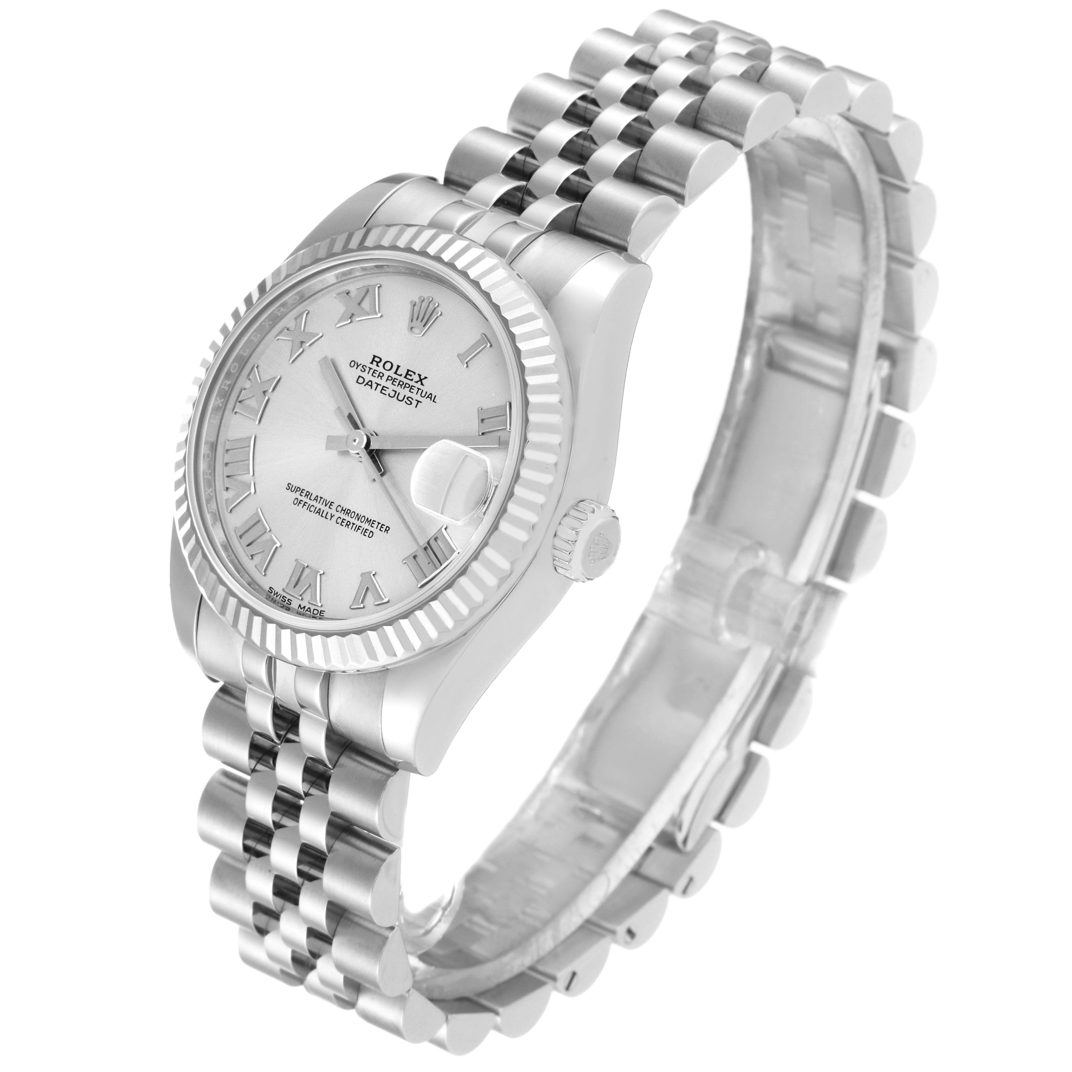 The image shows a Rolex Mid-Size 178274 Women
s Stainless Steel Silver Dial 178274 Women
s Stainless Steel Silver Dial Oyster Perpetual Datejust watch at a three-quarter angle, highlighting the dial and bracelet.