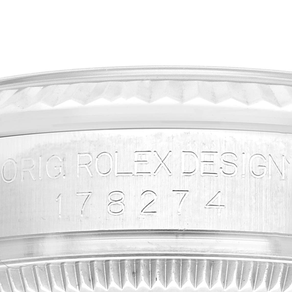 This is a close-up of the case back of a mid-size Rolex watch, displaying its model number "178274" and the engraving "ORIG. ROLEX DESIGN."