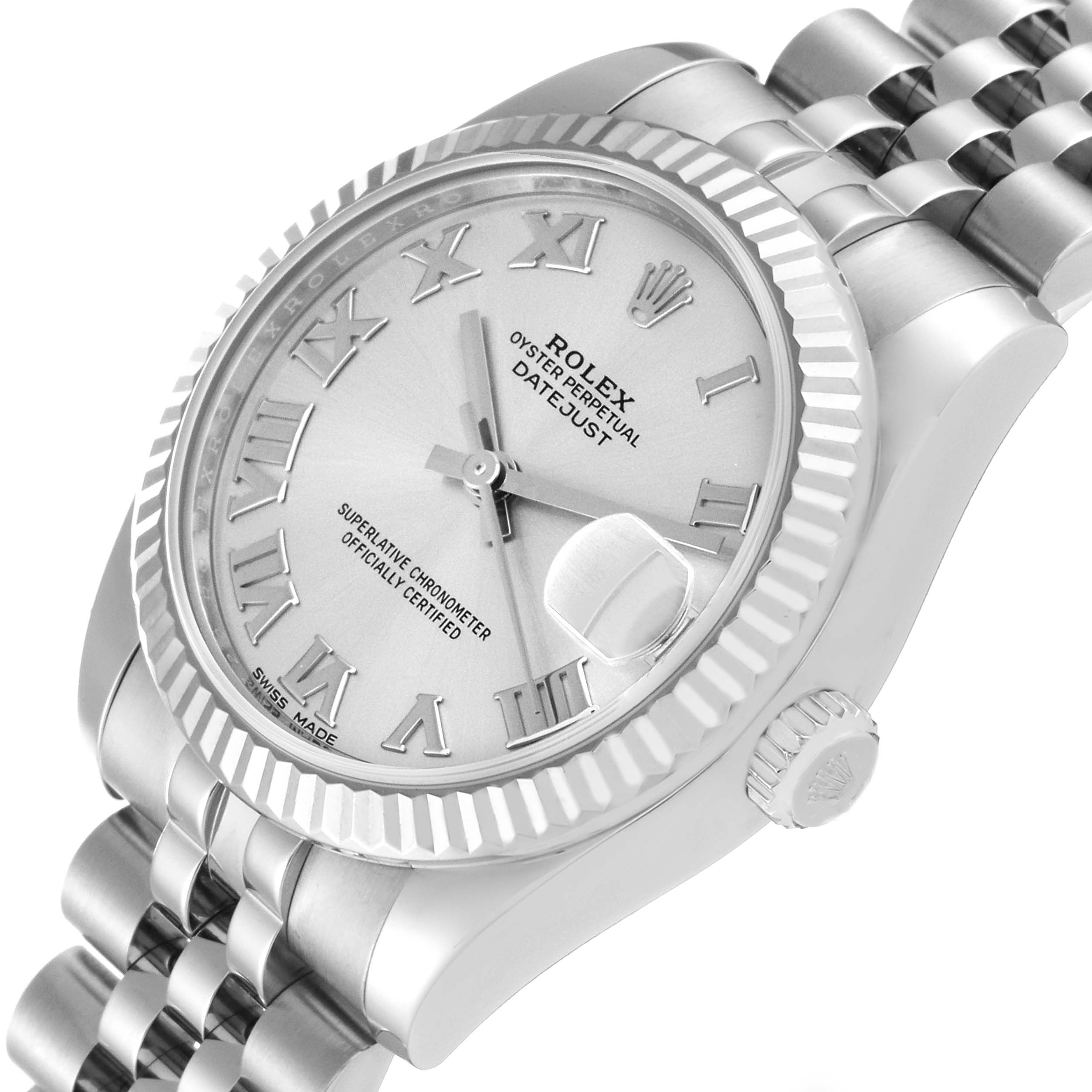 The image shows a Rolex Mid-Size 178274 Women
s Stainless Steel Silver Dial 178274 Women
s Stainless Steel Silver Dial Oyster Perpetual Datejust watch at an angled close-up, displaying the dial, bezel, crown, and bracelet.