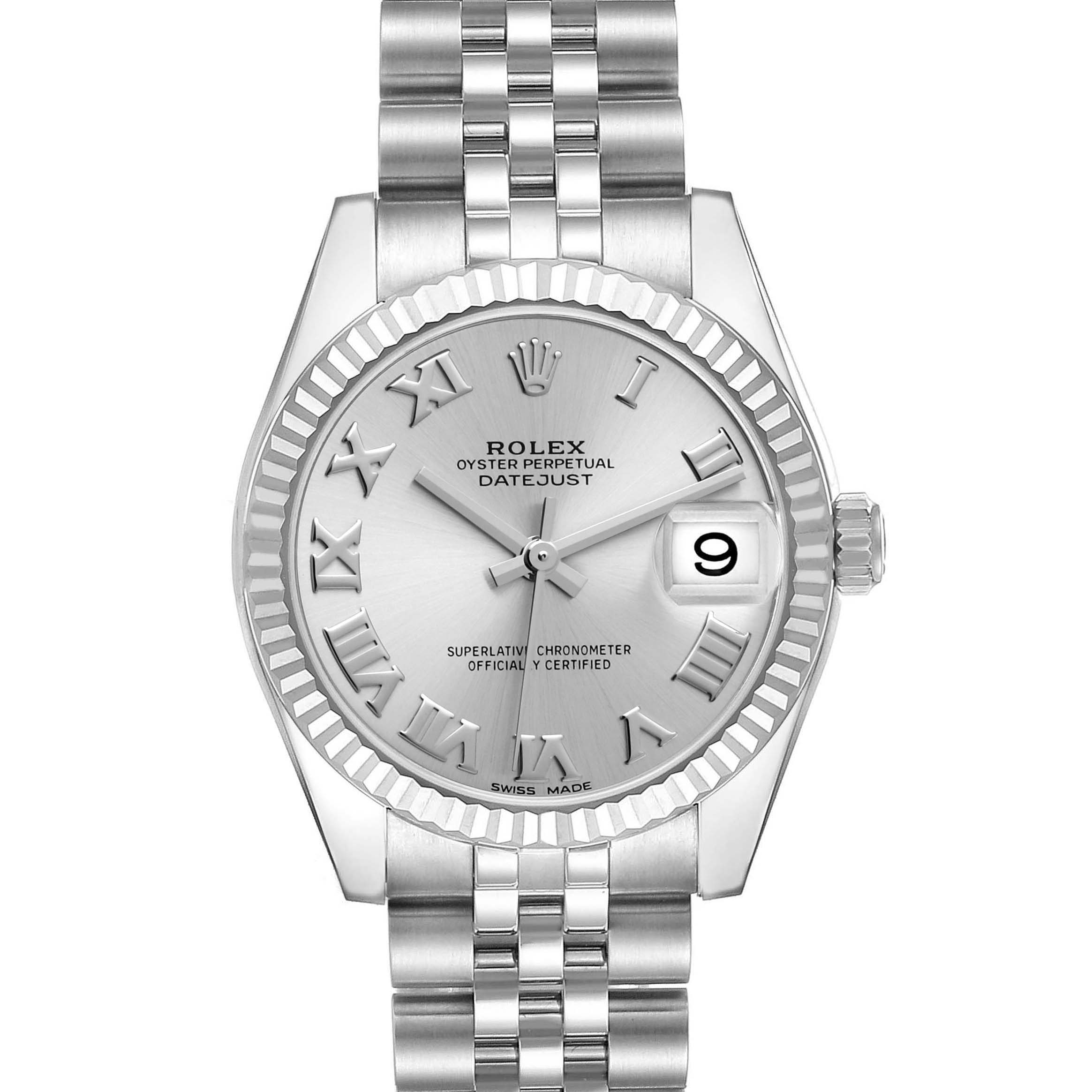 This image shows a front view of the Rolex Oyster Perpetual Datejust Mid-Size model, displaying the dial, bezel, and bracelet.