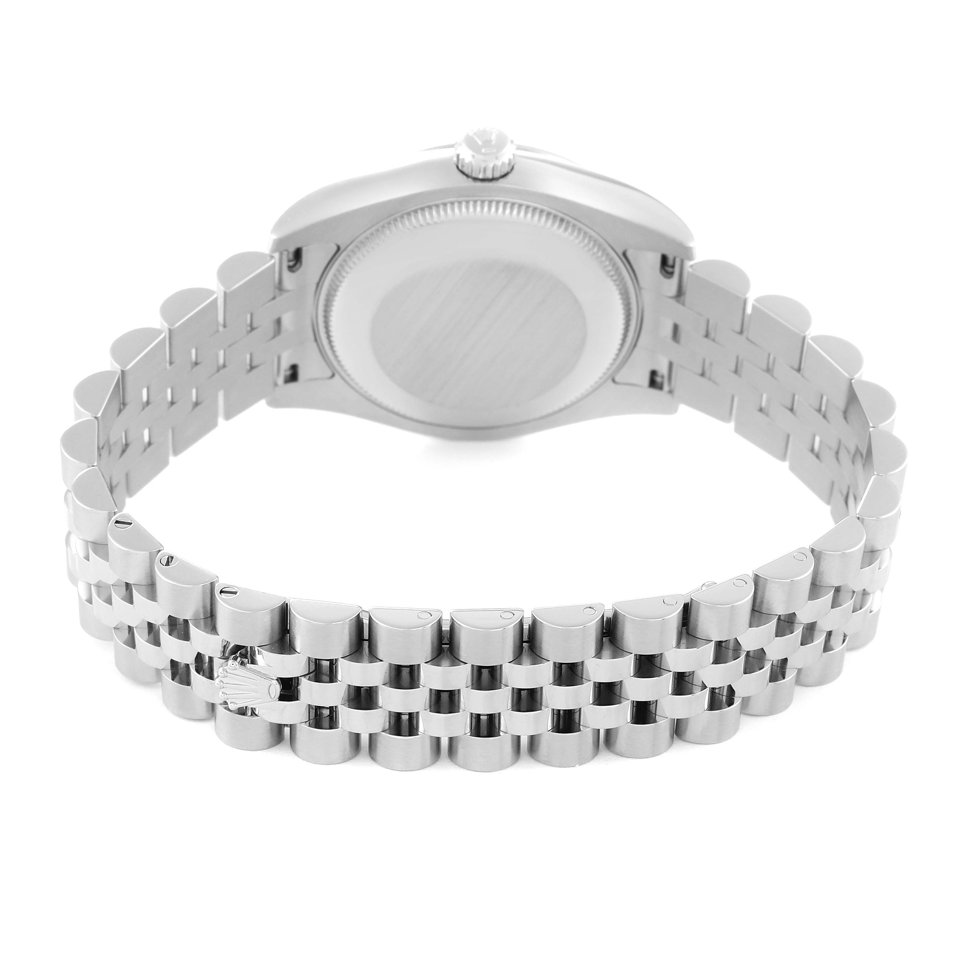 The image shows a rear view of the Rolex Mid-Size 178274 Women
s Stainless Steel Silver Dial 178274 Women
s Stainless Steel Silver Dial watch, highlighting its case back and the bracelet links.