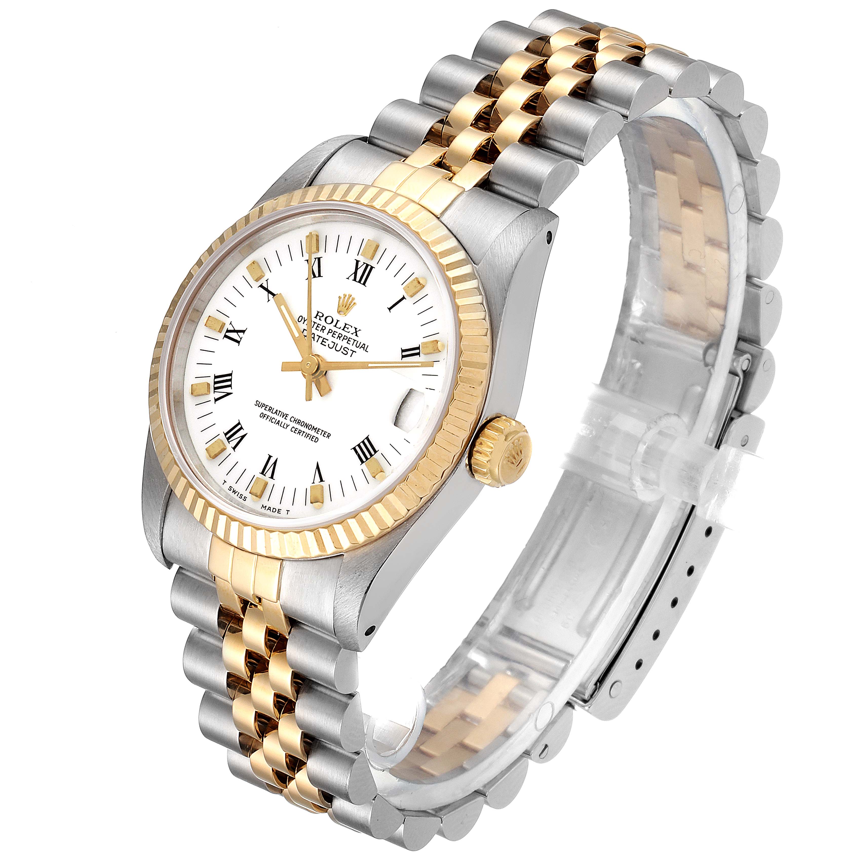 The Rolex Mid-Size 68273 Women
s Steel and Gold (two tone) White Dial 68273 Women
s Steel and Gold (two tone) White Dial watch is shown at a three-quarter angle, displaying the face, crown, and two-tone bracelet.