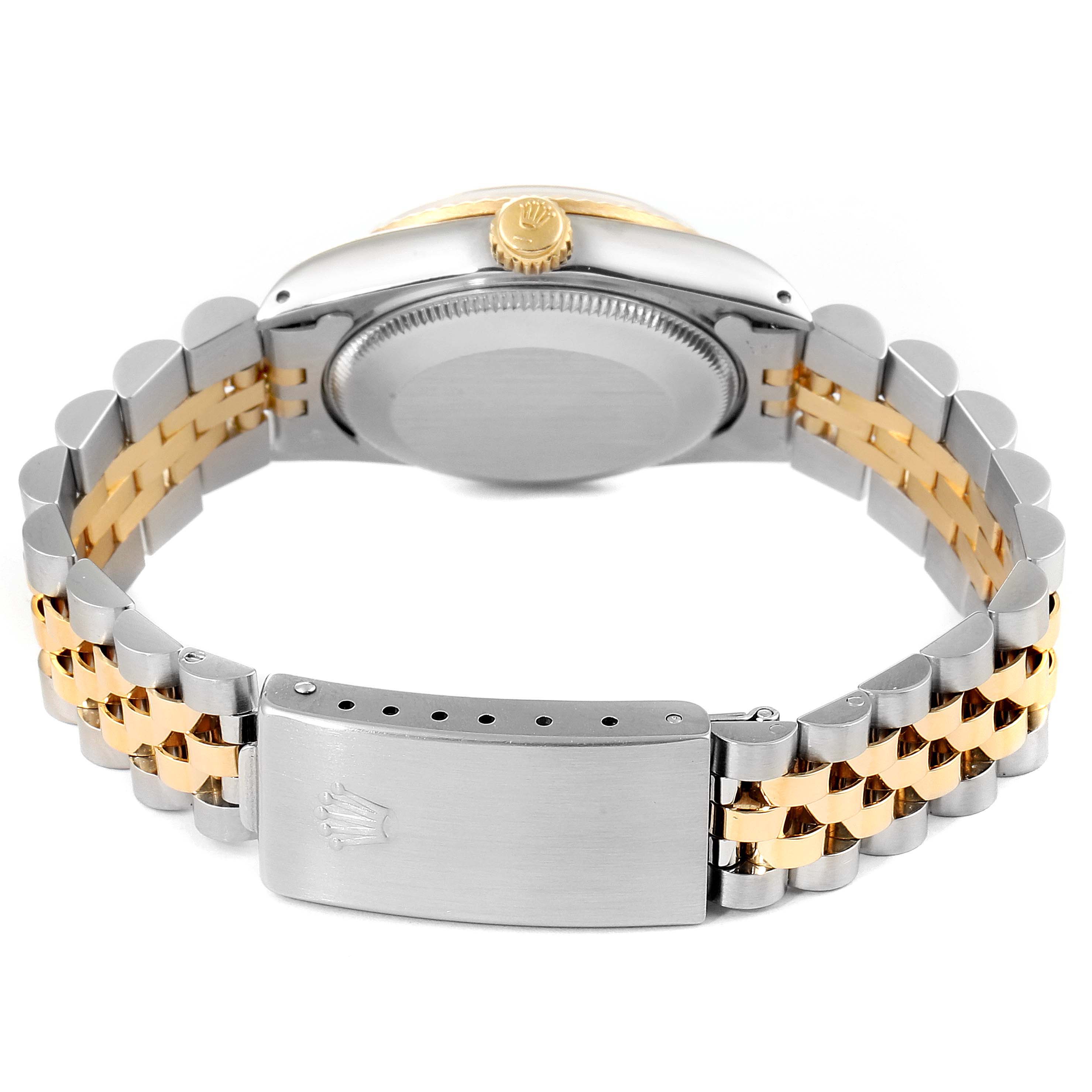 The image shows the back view of a Mid-Size Rolex watch, including the case back, crown, and two-tone bracelet.