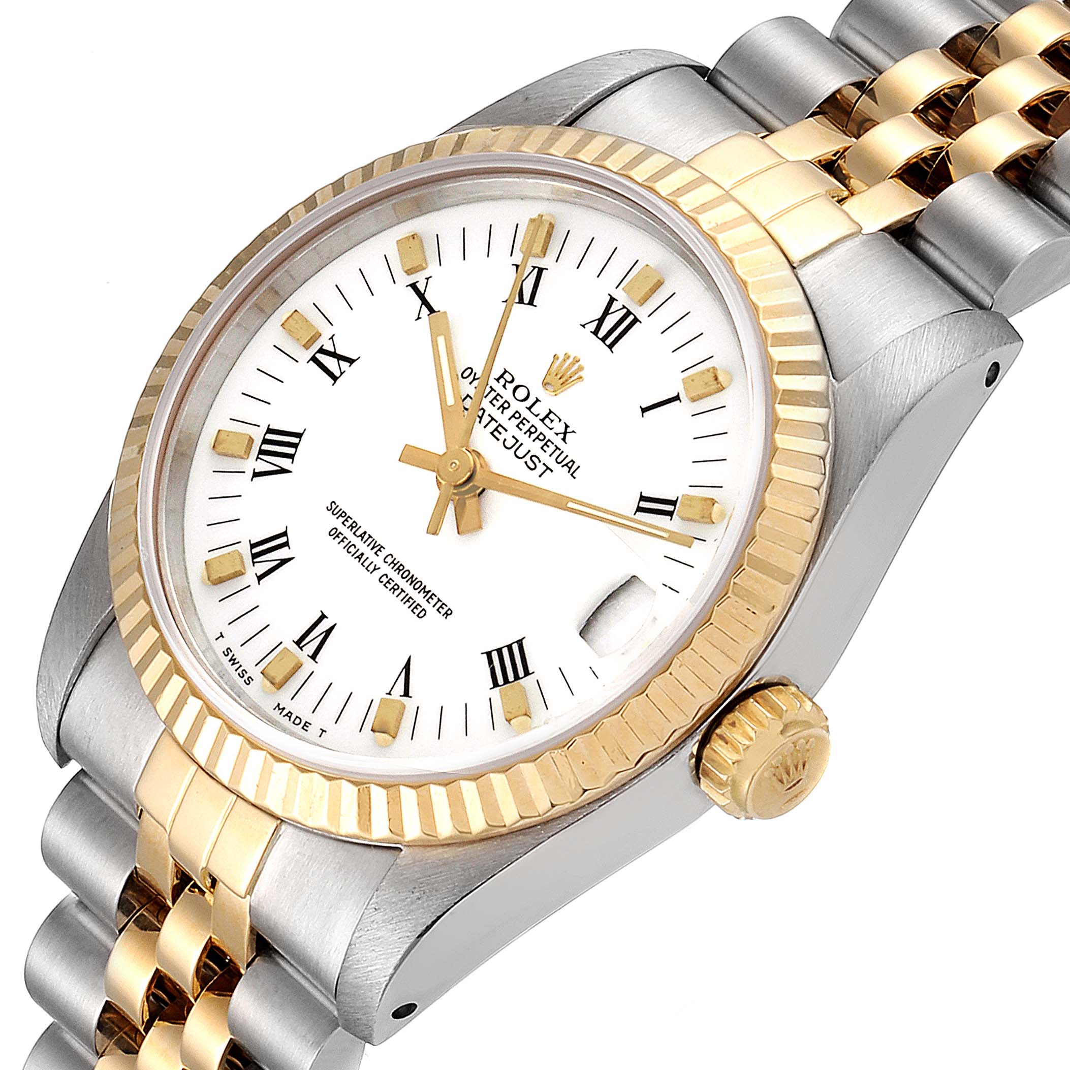 The image shows a Rolex Oyster Perpetual Datejust Mid-Size watch from a front angle, highlighting the bezel, dial, and part of the bracelet.
