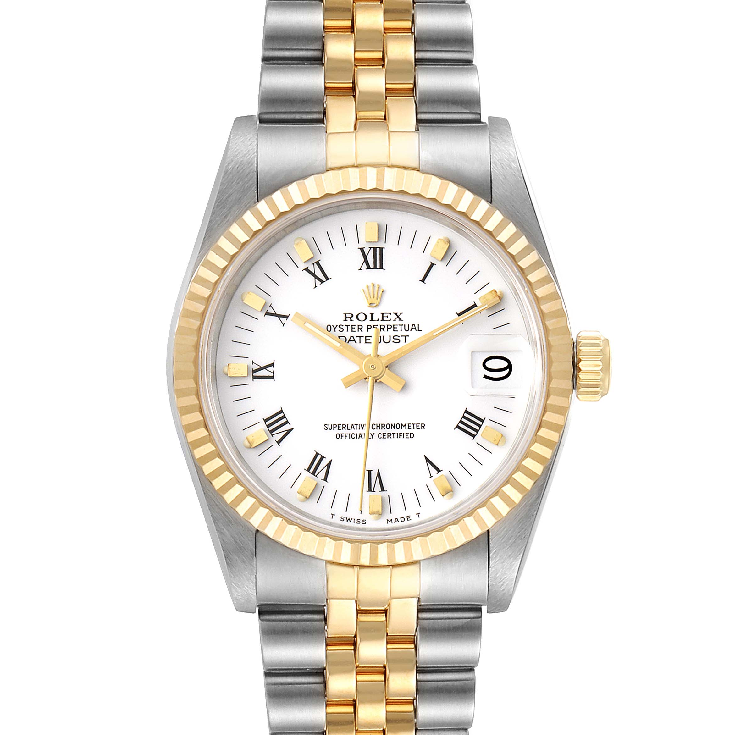 This is a front view of the Mid-Size Rolex Oyster Perpetual Datejust, showing its dial, bezel, and bracelet.