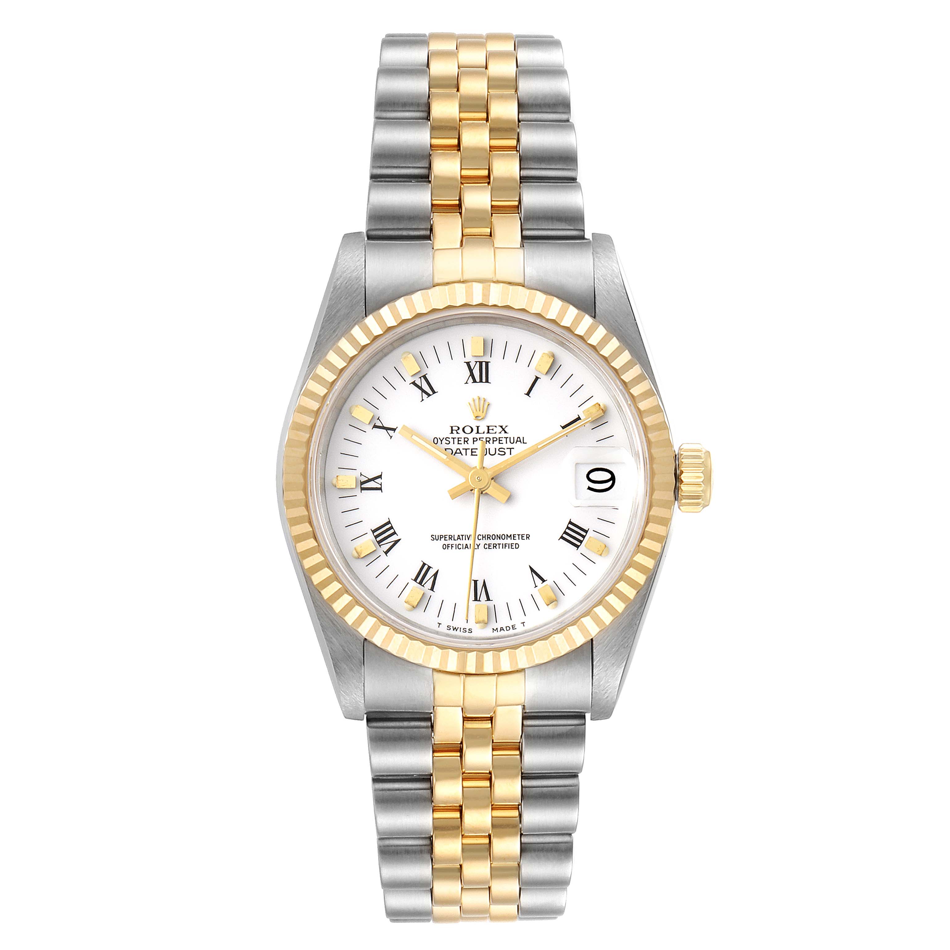 This image shows a front view of a Rolex Mid-Size 68273 Women
s Steel and Gold (two tone) White Dial 68273 Women
s Steel and Gold (two tone) White Dial Oyster Perpetual Datejust watch with a fluted bezel and two-tone bracelet.